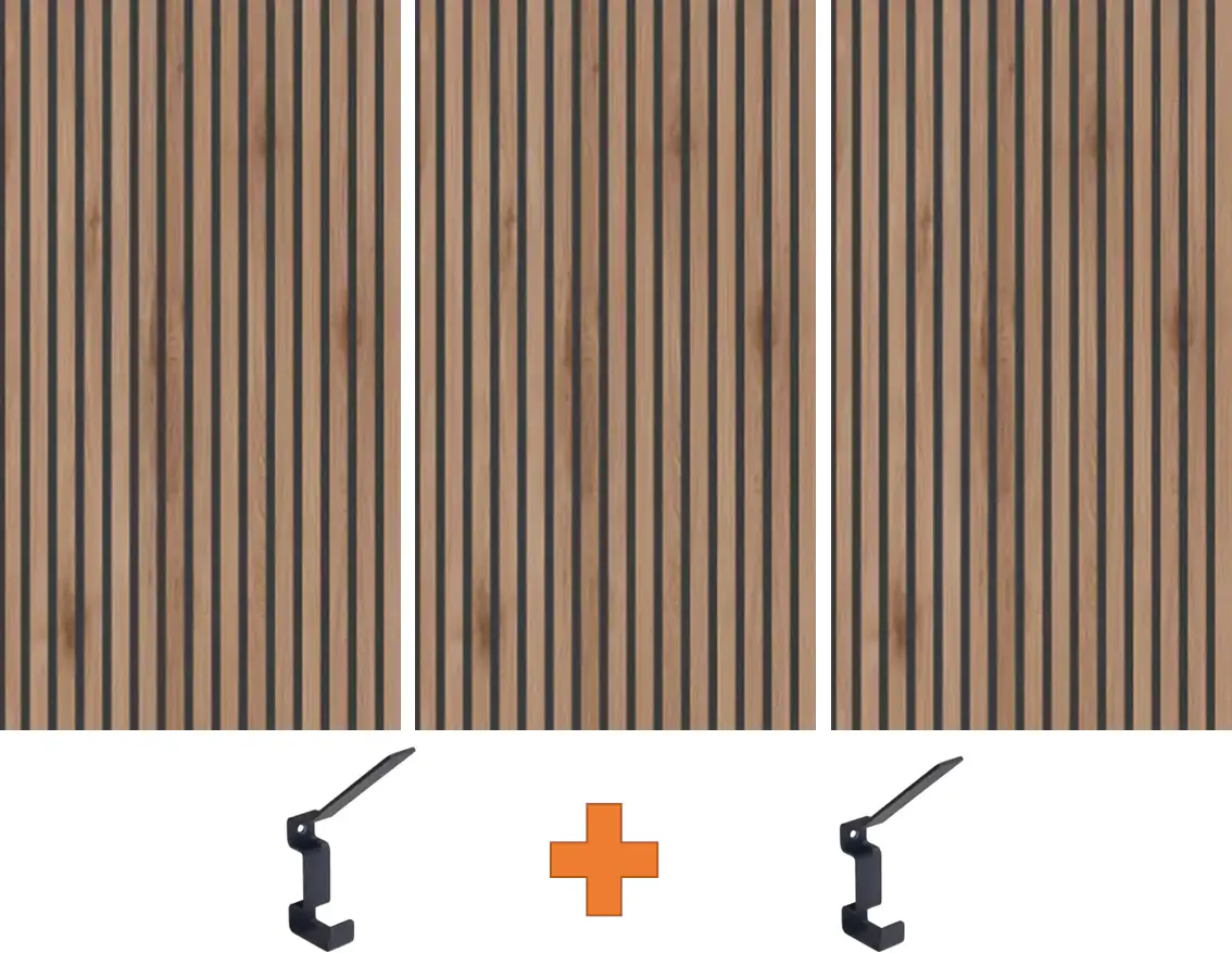 Akustikpaneelen-Set 3x Holz Natural Canella Oak 260 x 60 x 1,7 cm inklusive 2 Garderobenhaken schwarz