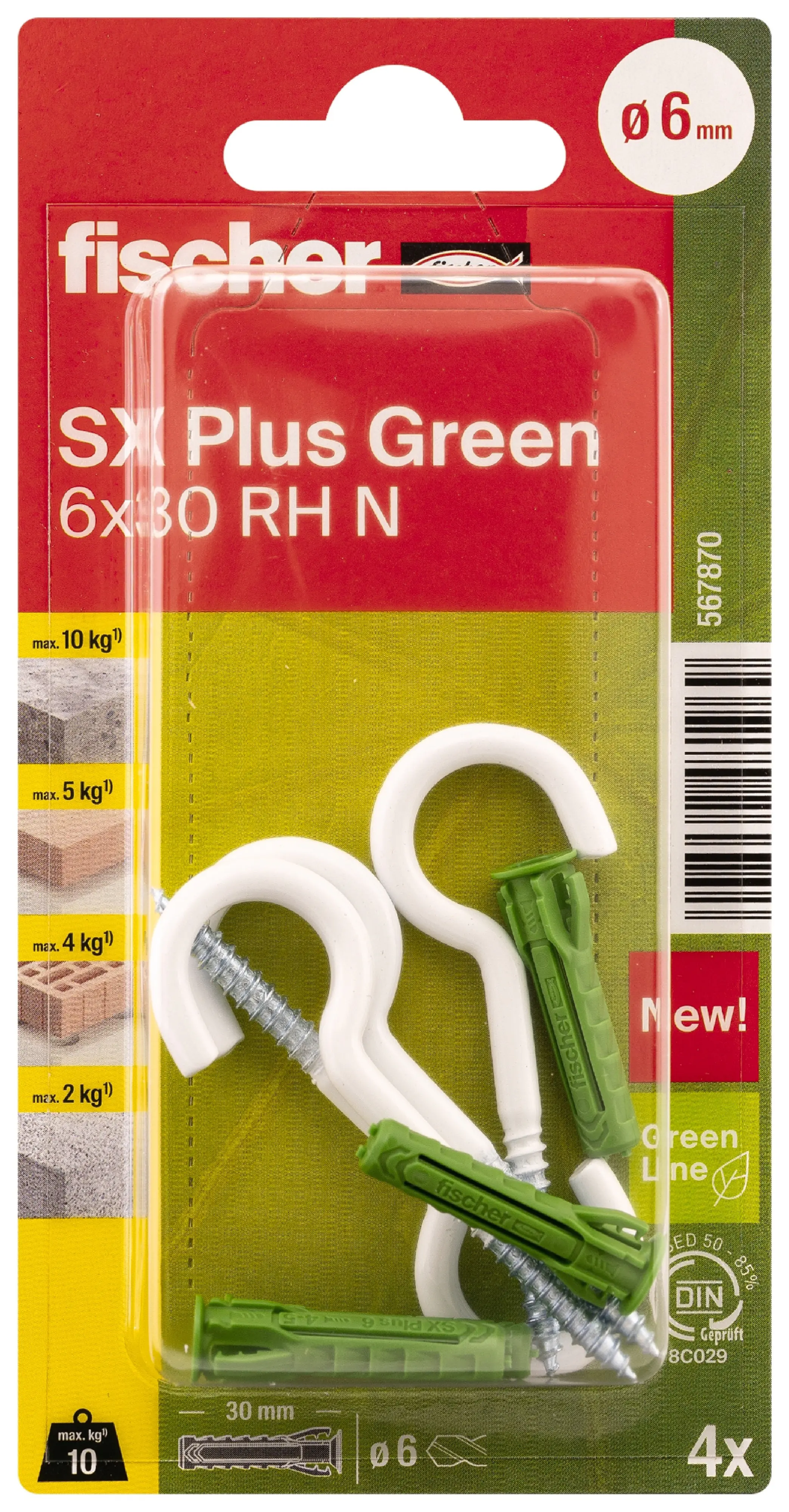 Fischer Spreizdübel mit Rundhaken SX Plus Green 6.0 x 30 mm - 4 Stück