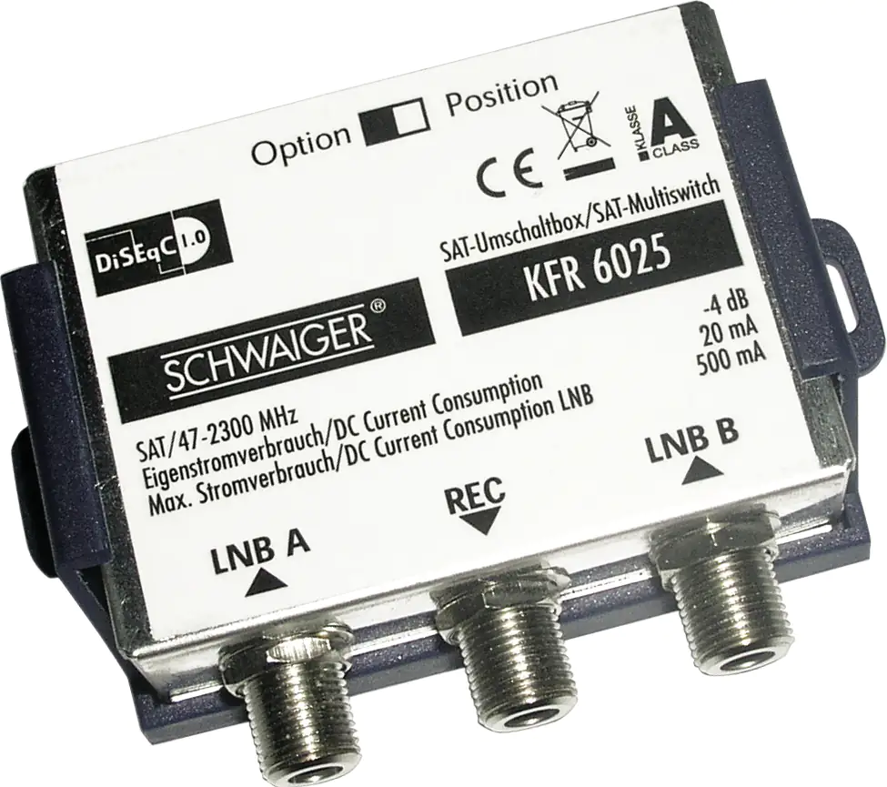 Schwaiger SAT-Umschaltbox 2in1 KFR6025 531 DisEqC Schalter zur Bündelung von 2 Single LNB's auf eine