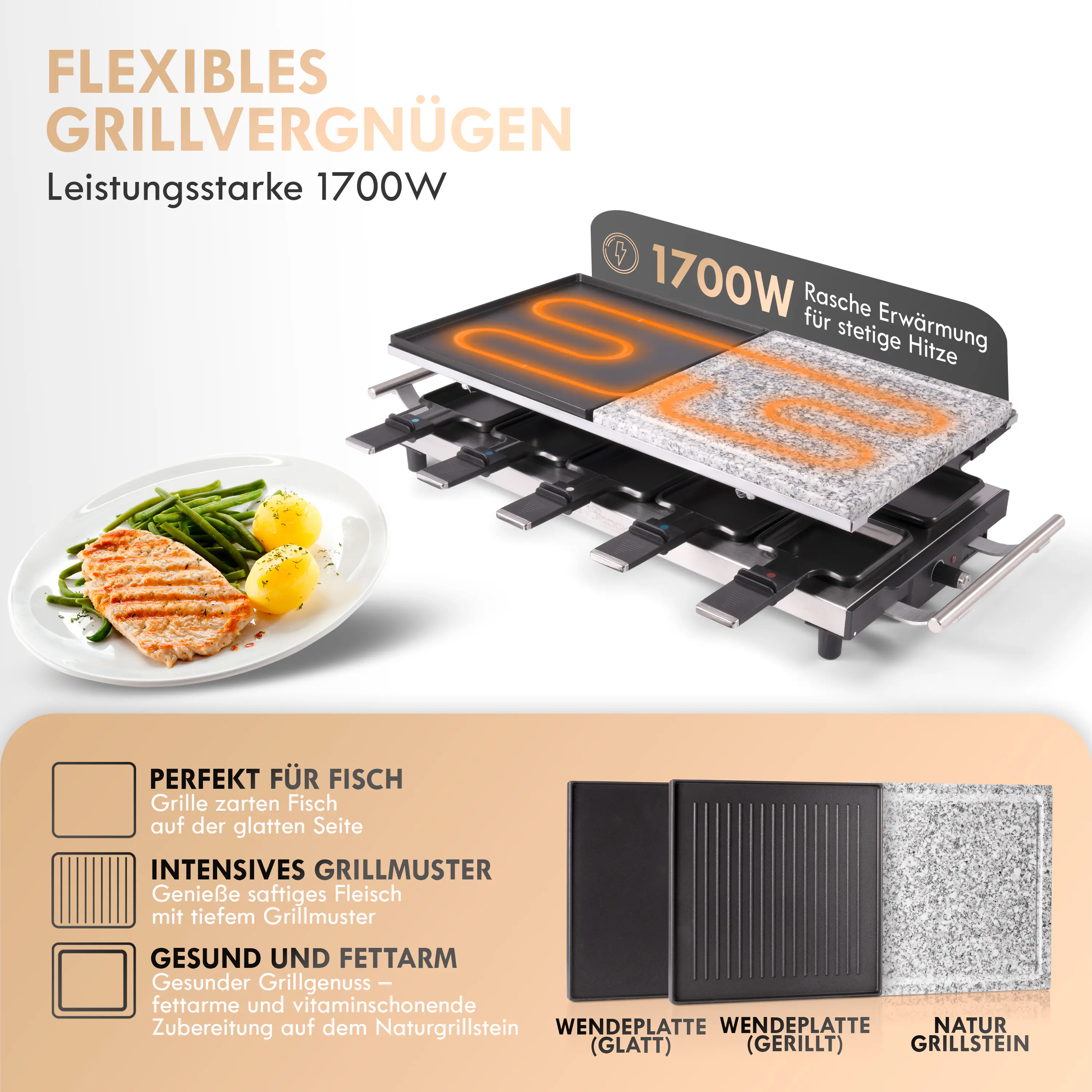 Proficook Raclette RG 1144 Guß/Steinplatte 10 Pfännchen 1700 Watt