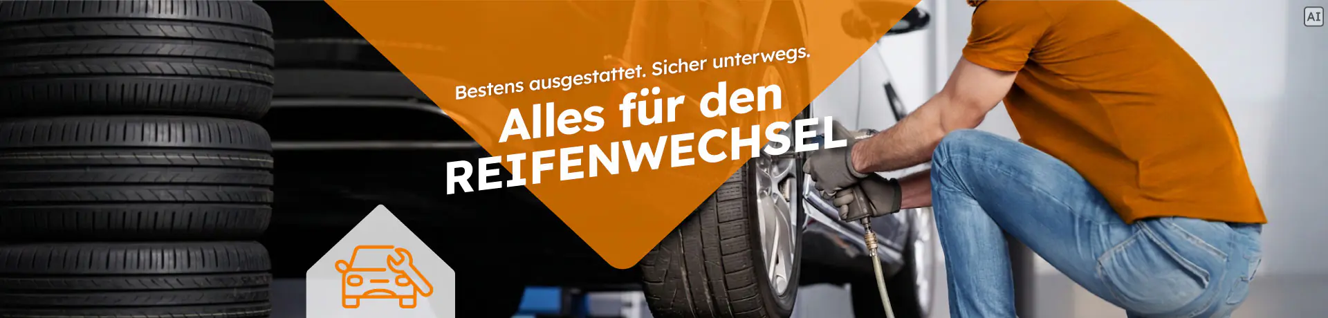 Bestens ausgestattet. Sicher unterwegs. Alles für den Reifenwechsel. Reifenstapel und Montage eines Autoreifens.