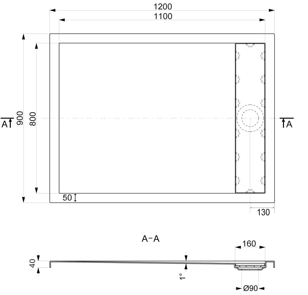 Ottofond Duschwanne mit Ablaufrinne 120 x 90 cm, weiß