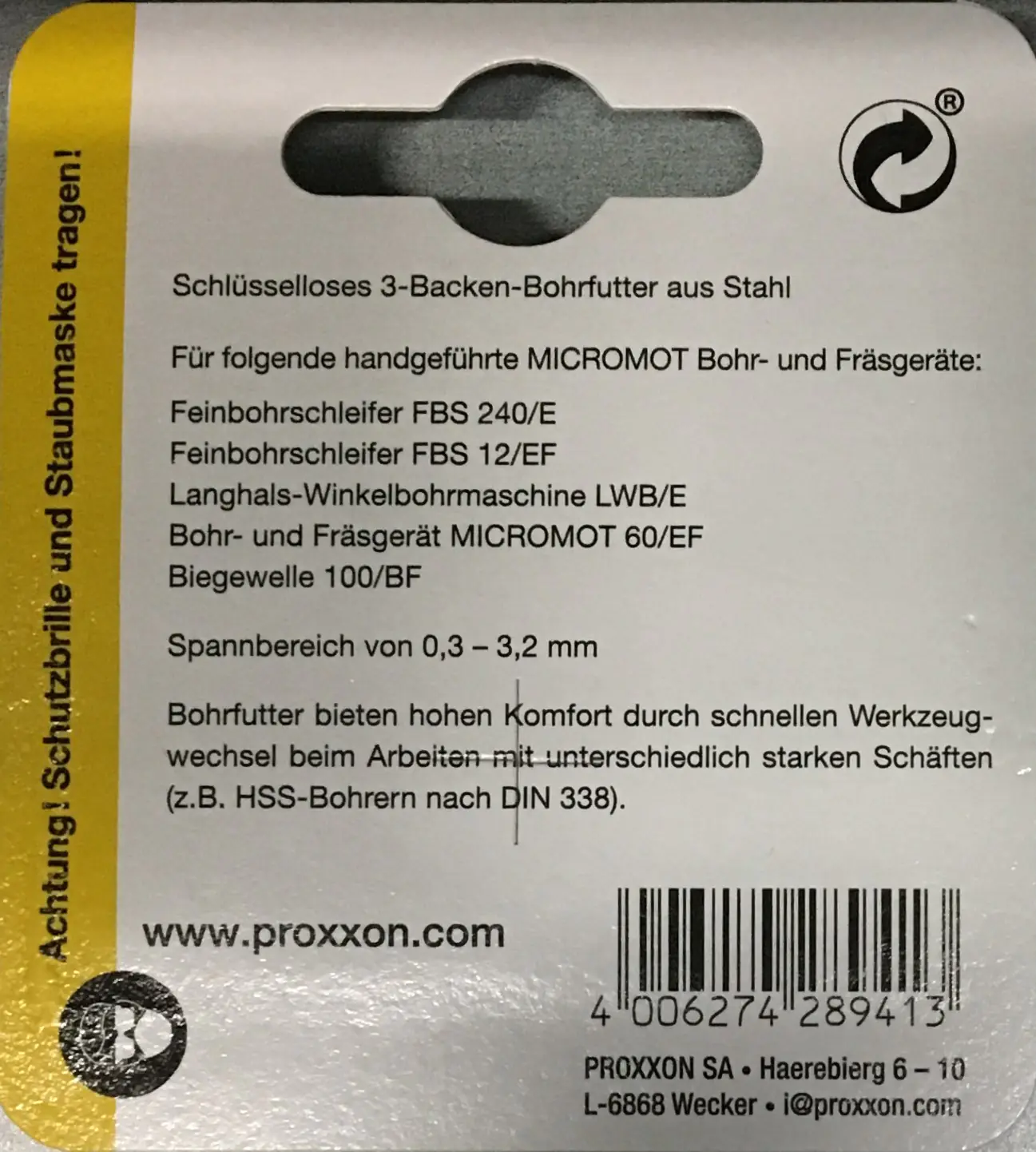 Proxxon Micromot Dreibacken-Bohrfutter Spannbereich Ø 0,3 bis 3,2 mm