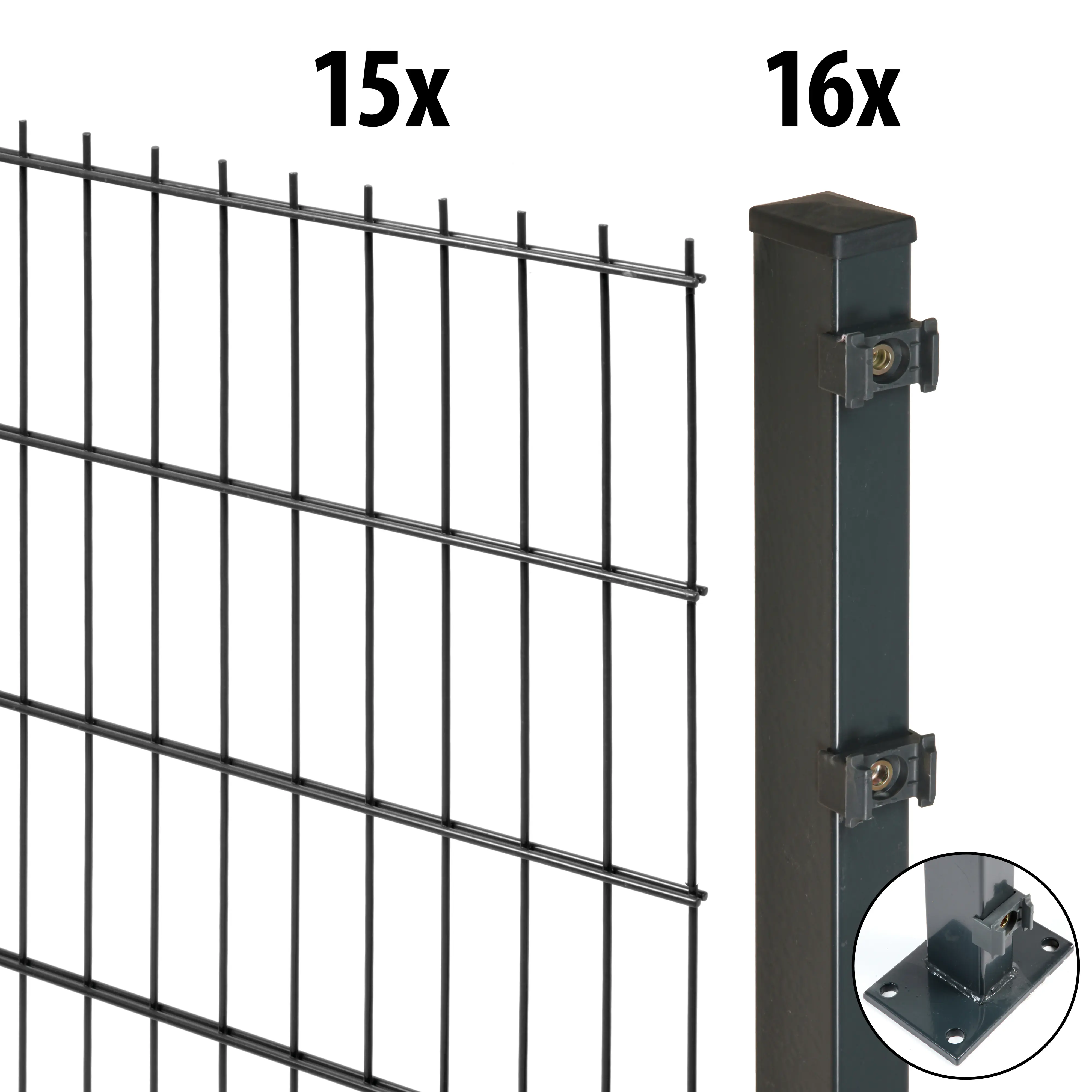 Floraworld Doppelstabmatten-Zaun Set Comfort 30 m 201 x 163 cm mit Bodenplatte & 16 Pfosten 169 cm anthrazit