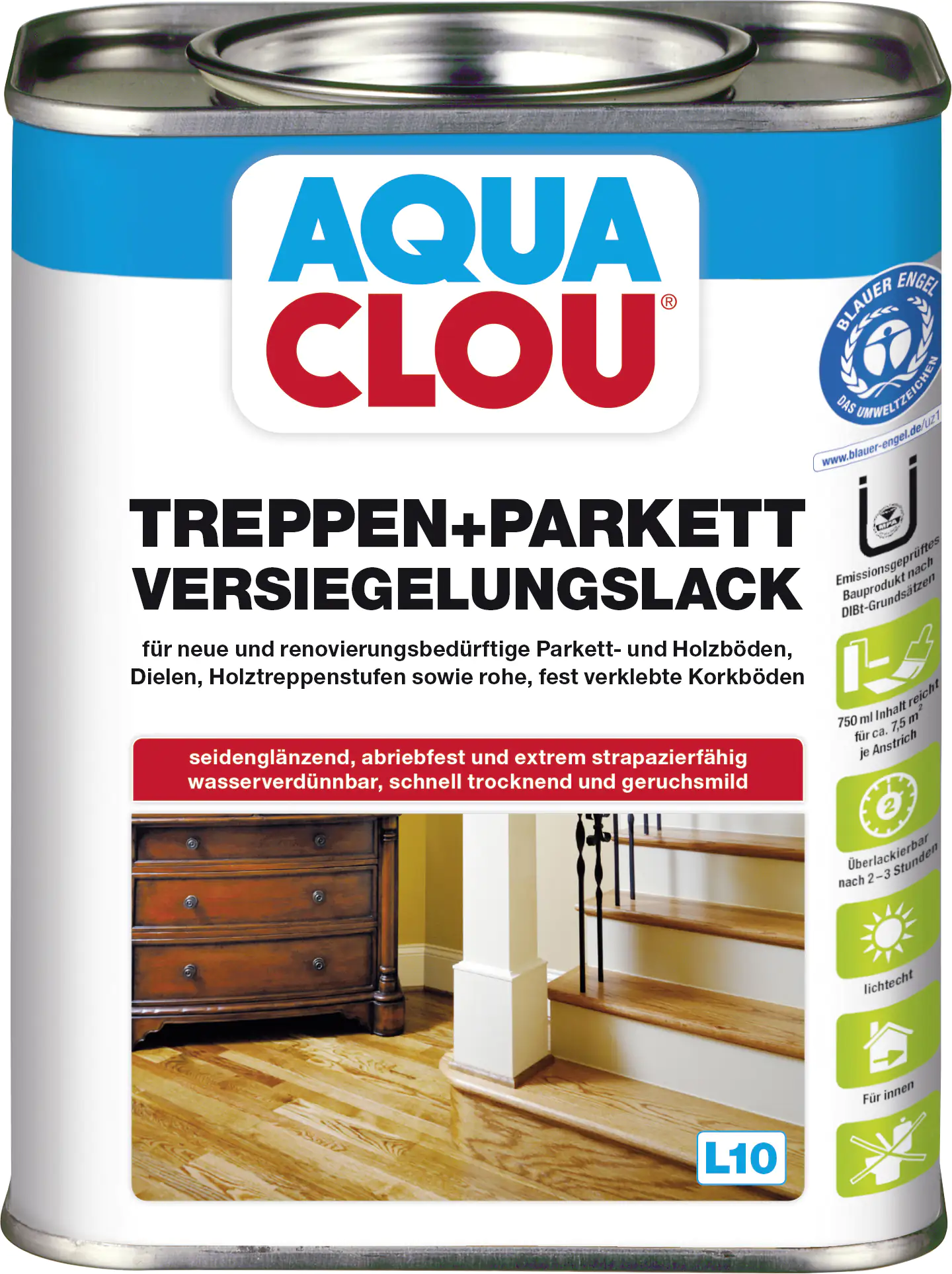 4007141049437 Aqua Clou Treppen-Parkettlack L10 750 ml seidenglänzend