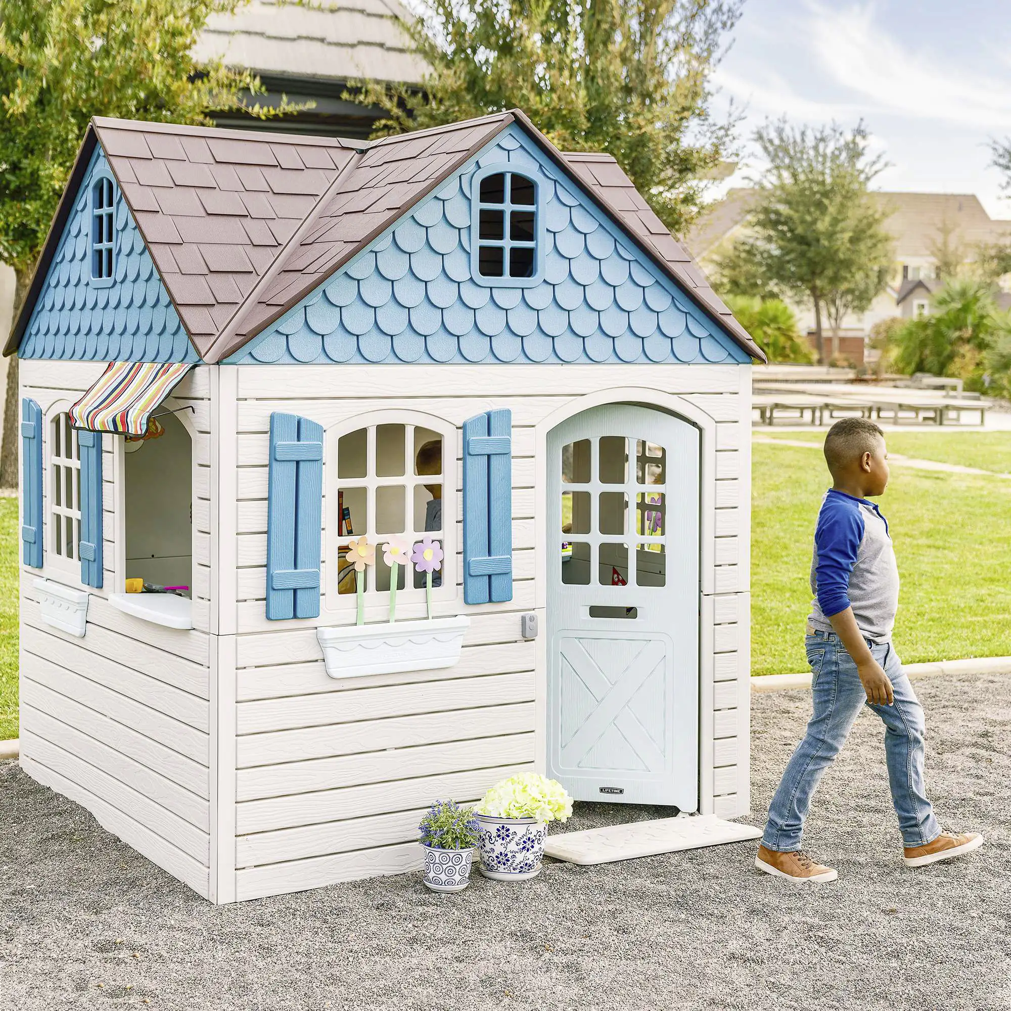 0081483820927_3018928 Lifetime Kinderspielhaus Flipper Gartenhaus Spielgerät lichtgrau blau 186 x 186 cm
