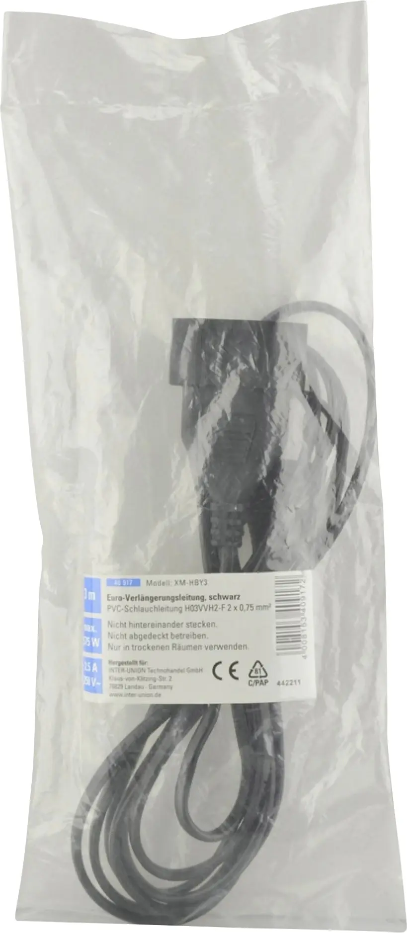 Unitec Verlängerungskabel Innen 3 Meter H03VVH2-F, 2x0,75, Flachstecker