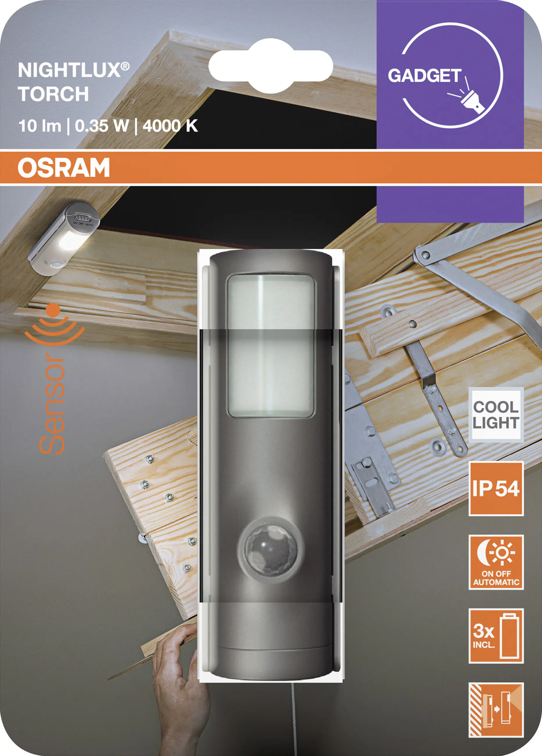 Osram LED-Nachtlicht Nightlux Torch mit Licht- & Bewegungssensor 10,8 cm kaltweiß silber