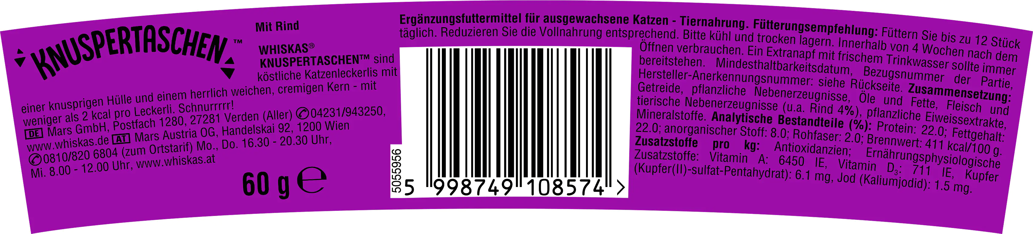 Whiskas Katzensnack Knuspertaschen Rind 60 g