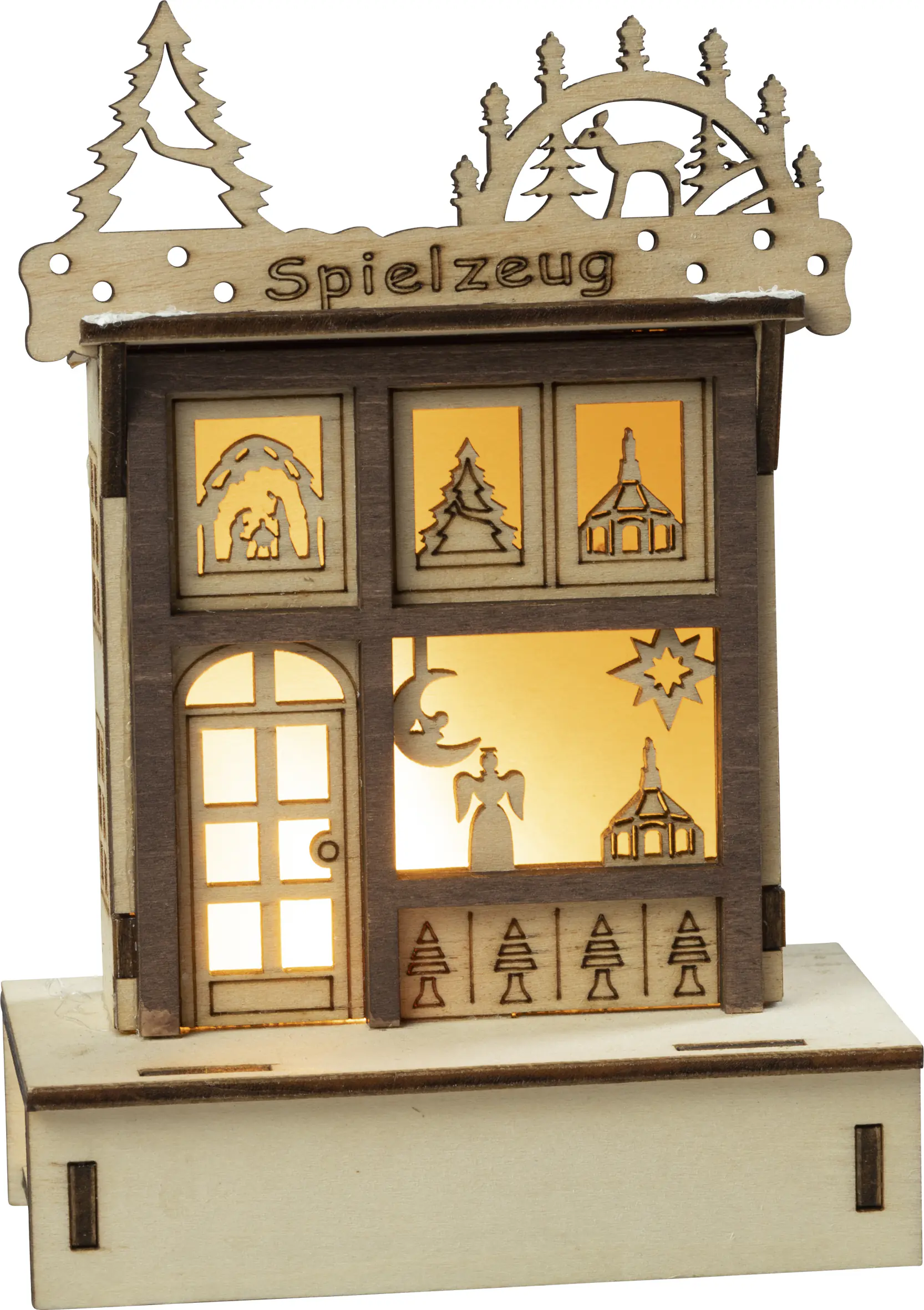HGD LED-Dekoaufsteller Spielzeugladen mit Timer 10 x 14 cm warmweiß natur/braun