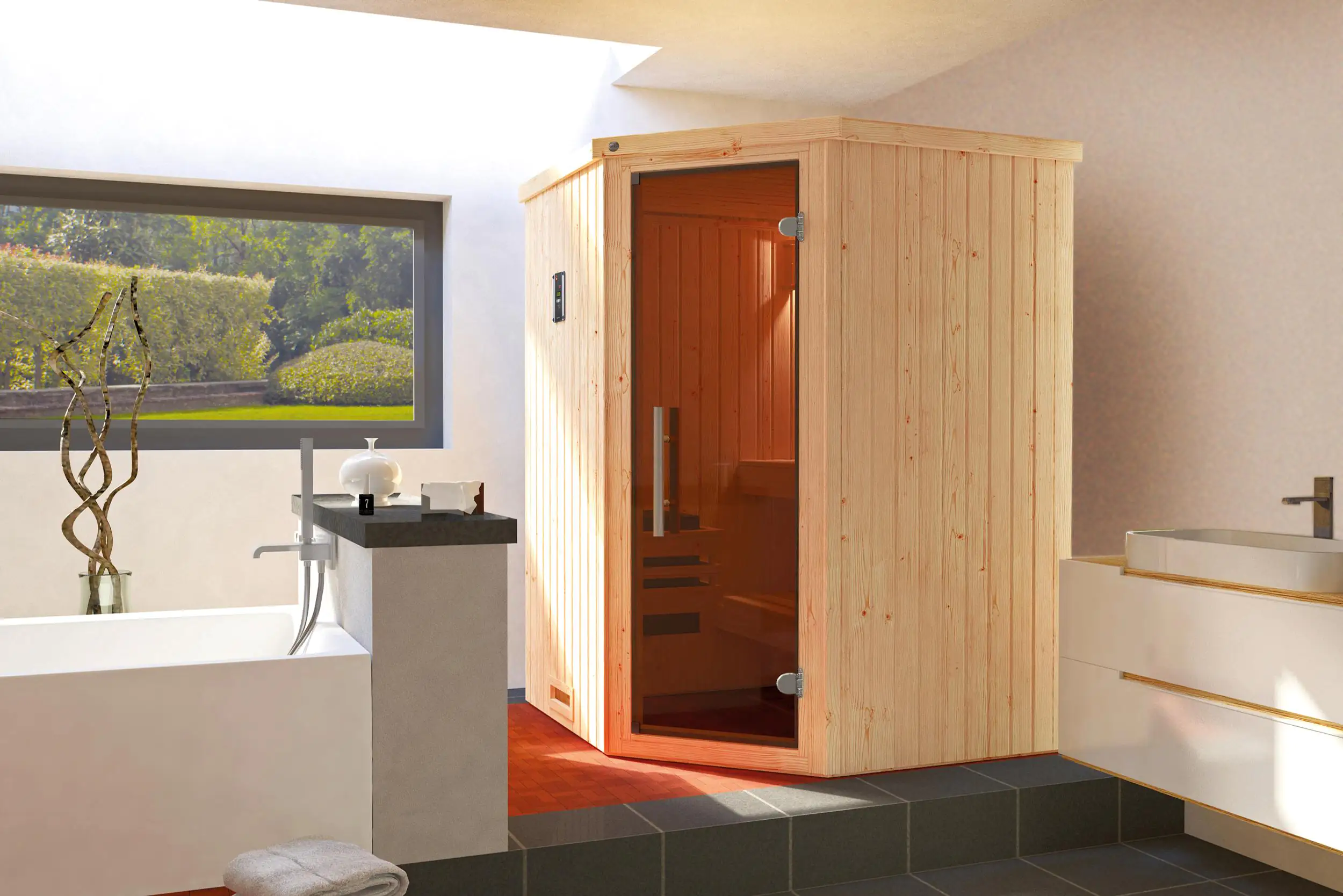 Weka Element-Ecksauna Kiruna 1 mit Glastür und Kompakt BioS Saunaofen