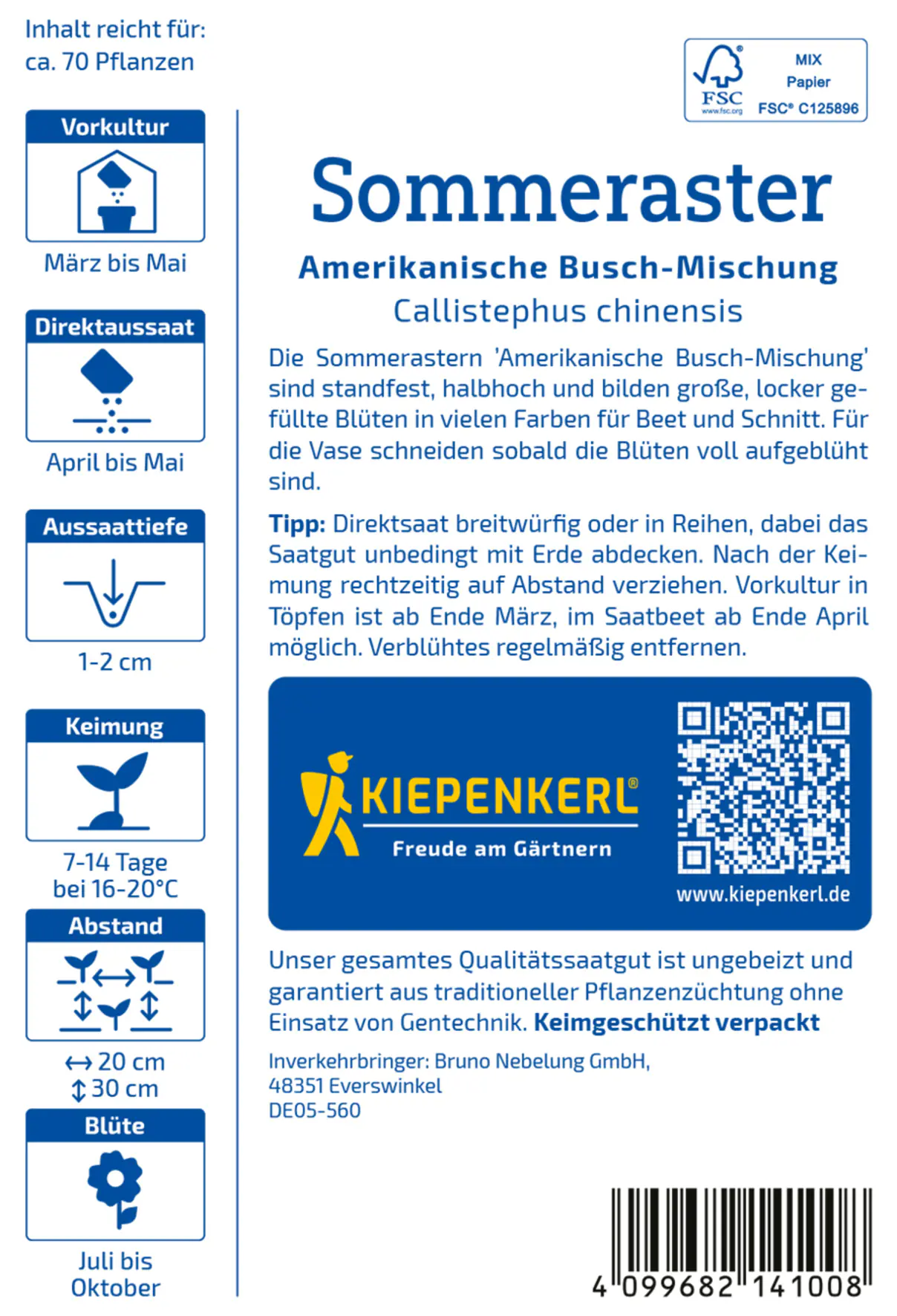 Kiepenkerl Blumensamen Sommeraster Amerikanische Busch-Mischung für ca. 70 Pflanzen