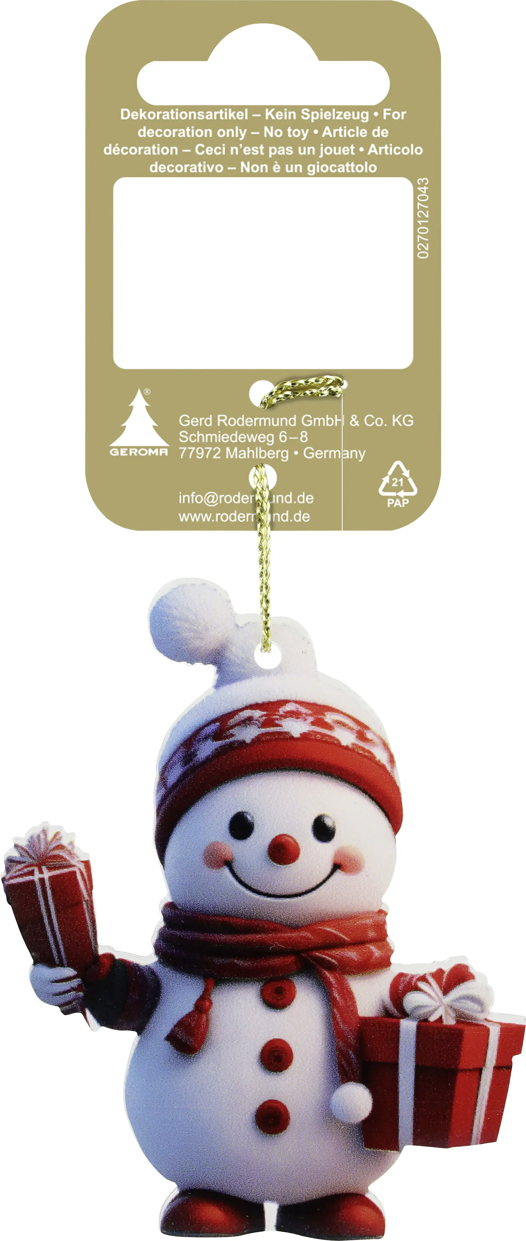 Weihnachtsanhänger Schneemann aus Kunststoff 8 x 6,5 cm weiß