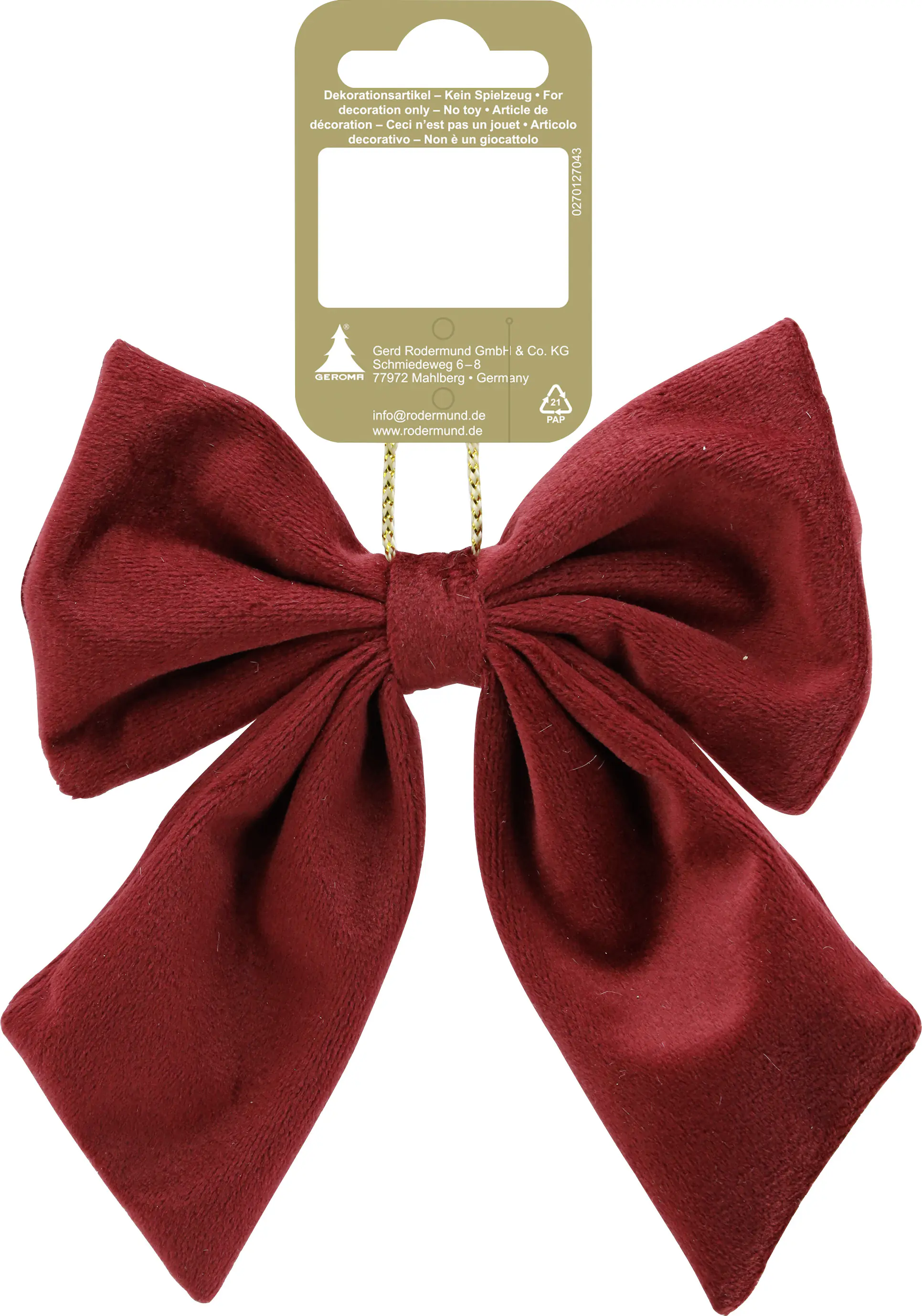 Weihnachtsanhänger Schleife aus Stoff 16 x 15 cm bordeaux