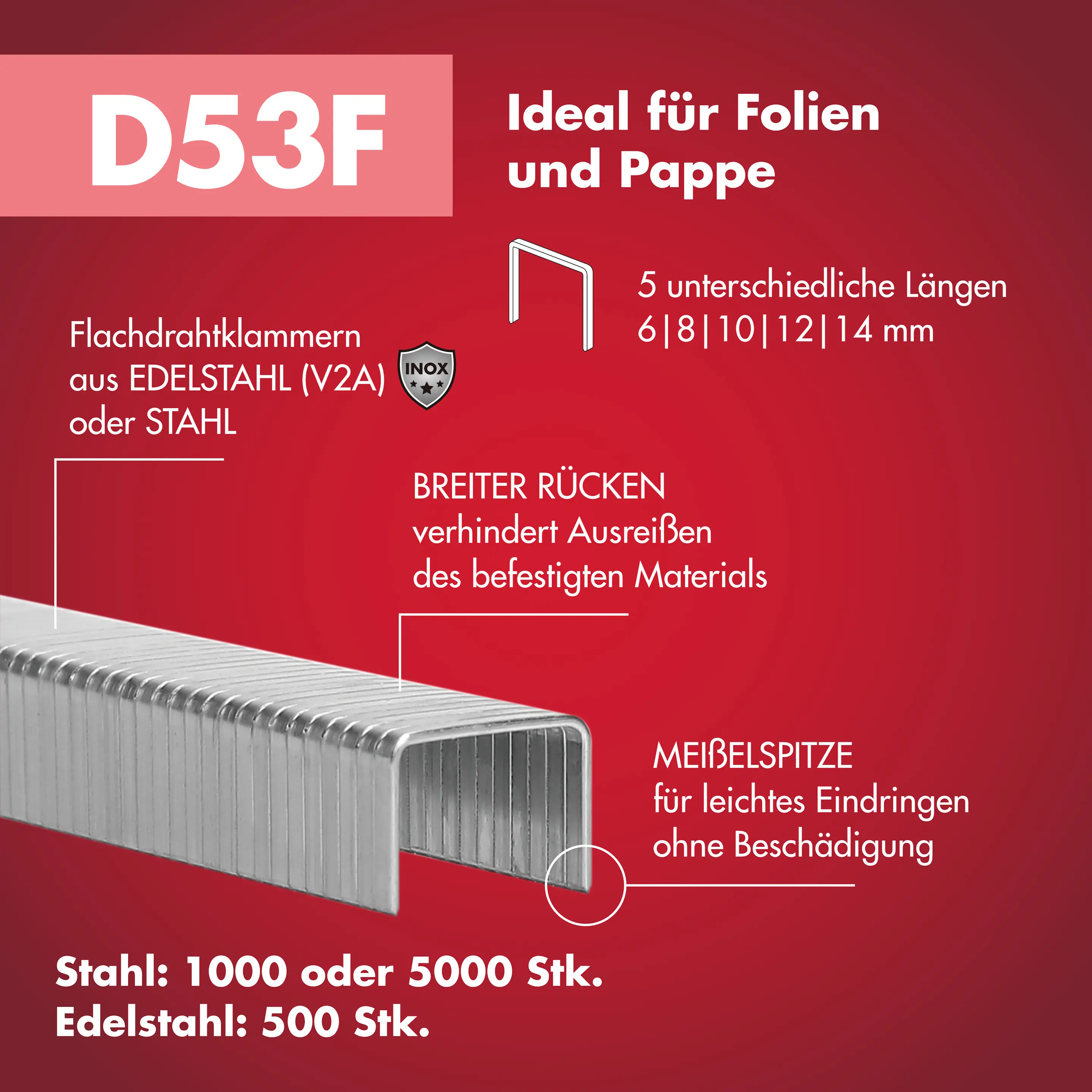 Arrow Tackerklammer Flachtdraht D53F 10 mm Folie 1000 Stück