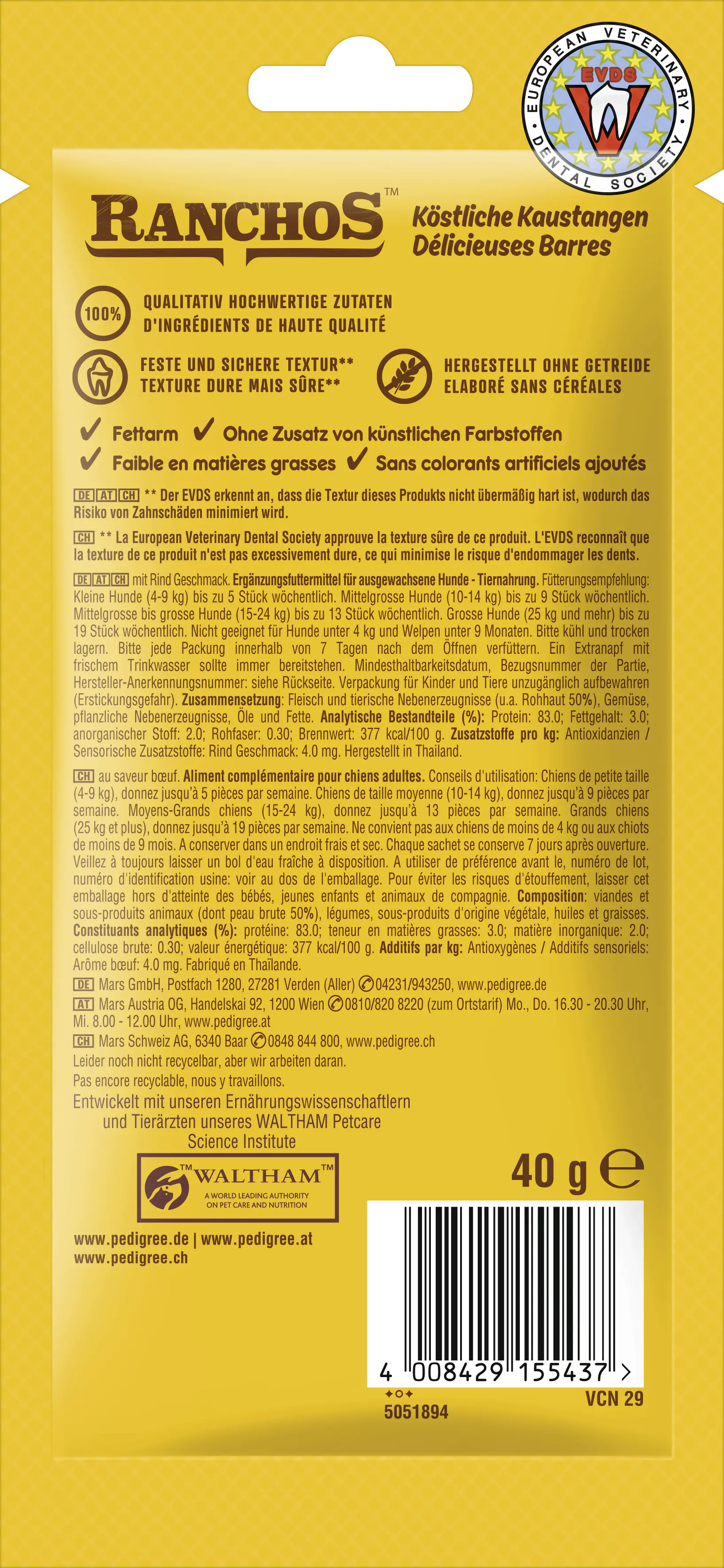 PEDIGREE® RANCHOS Beutel Köstliche Kaustangen mit Rind Geschmack 12 x 40g