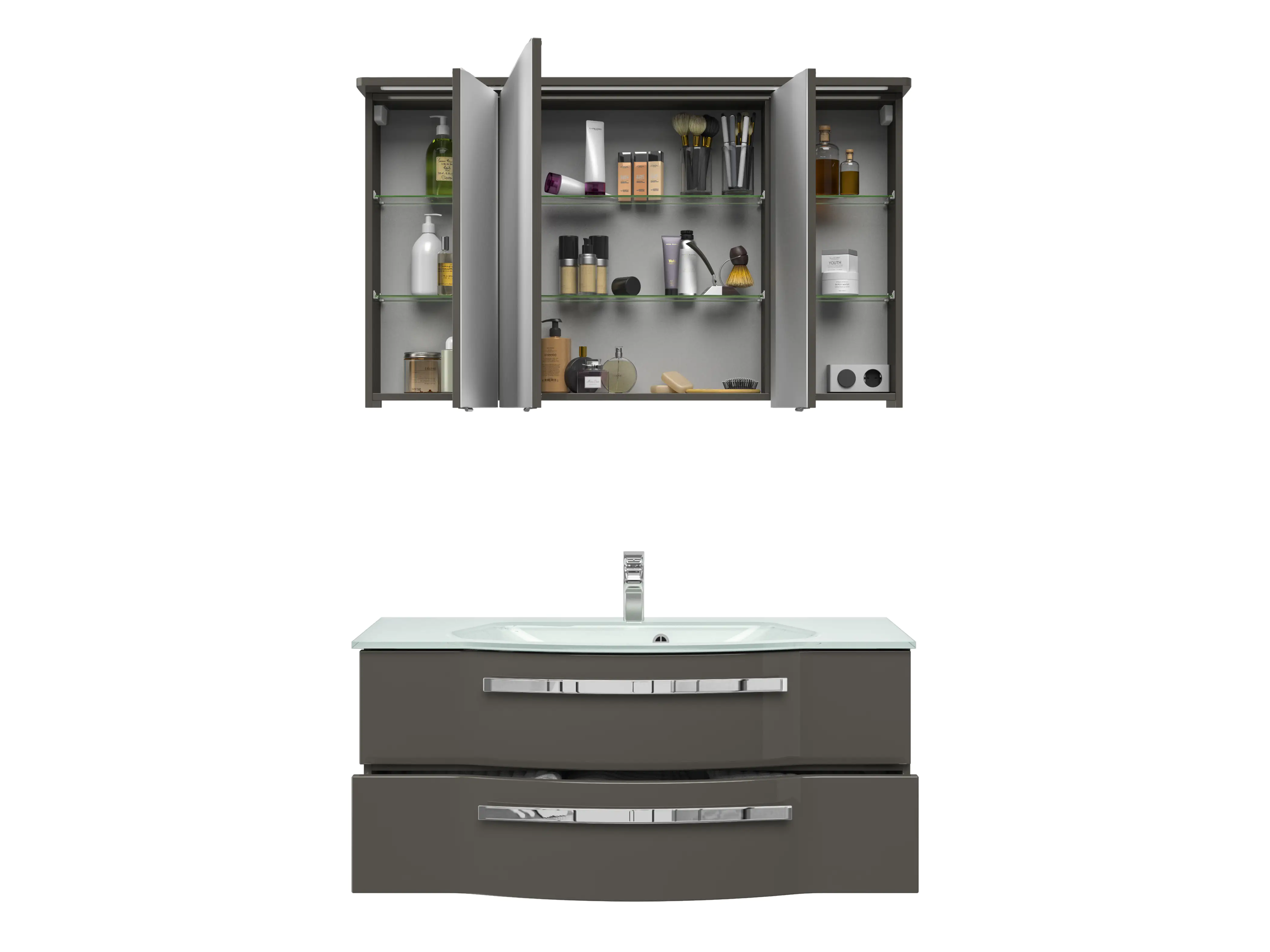 4017026106612_4 Pelipal Badmöbel-Set 4005 Lack steingrau Hgl mit Glas-Waschtisch + Kranz-Leuchte 120 cm