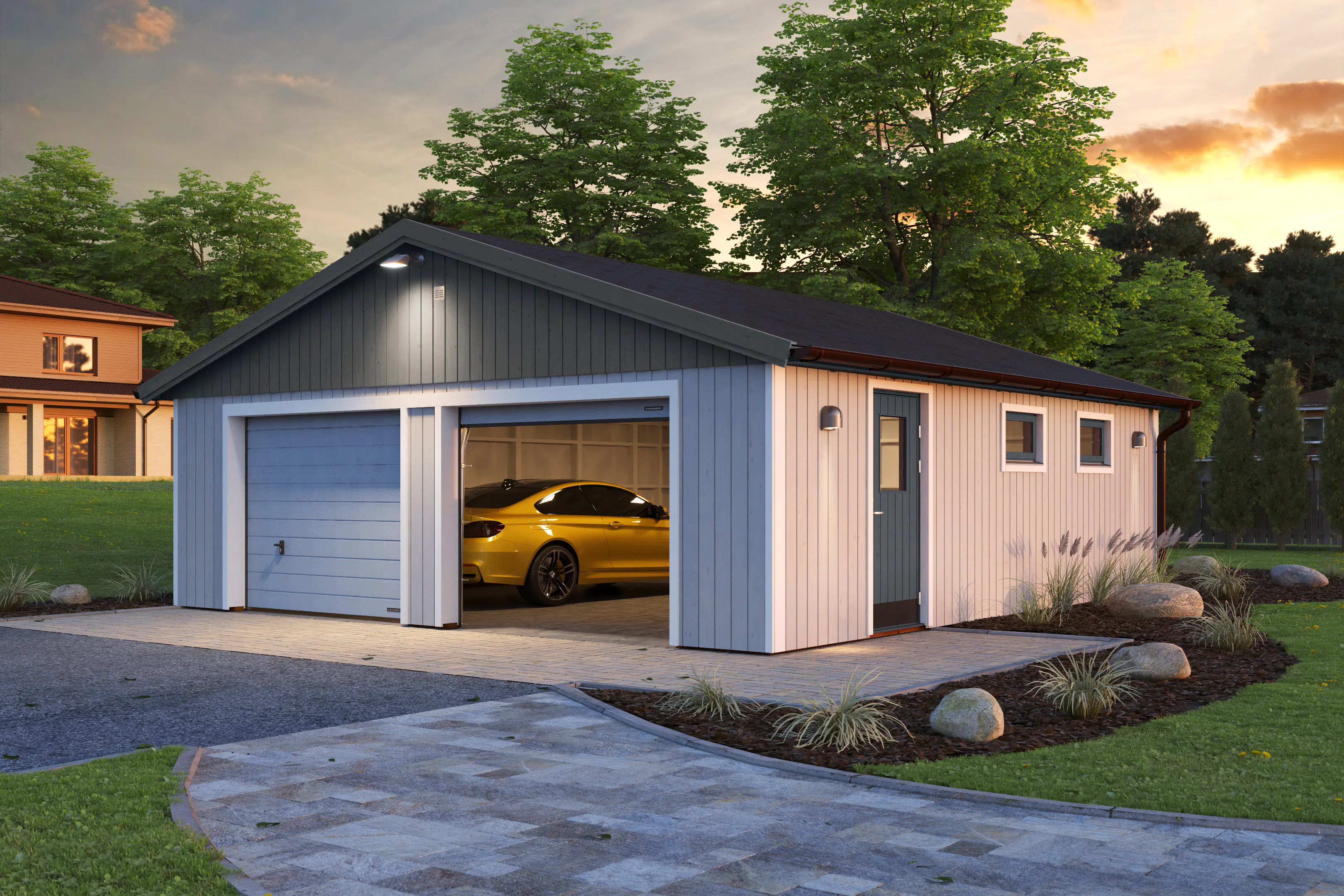 Palmako Fertiggarage Doppelgarage Andre 665 x 739 cm mit Sektionaltor naturbelassen