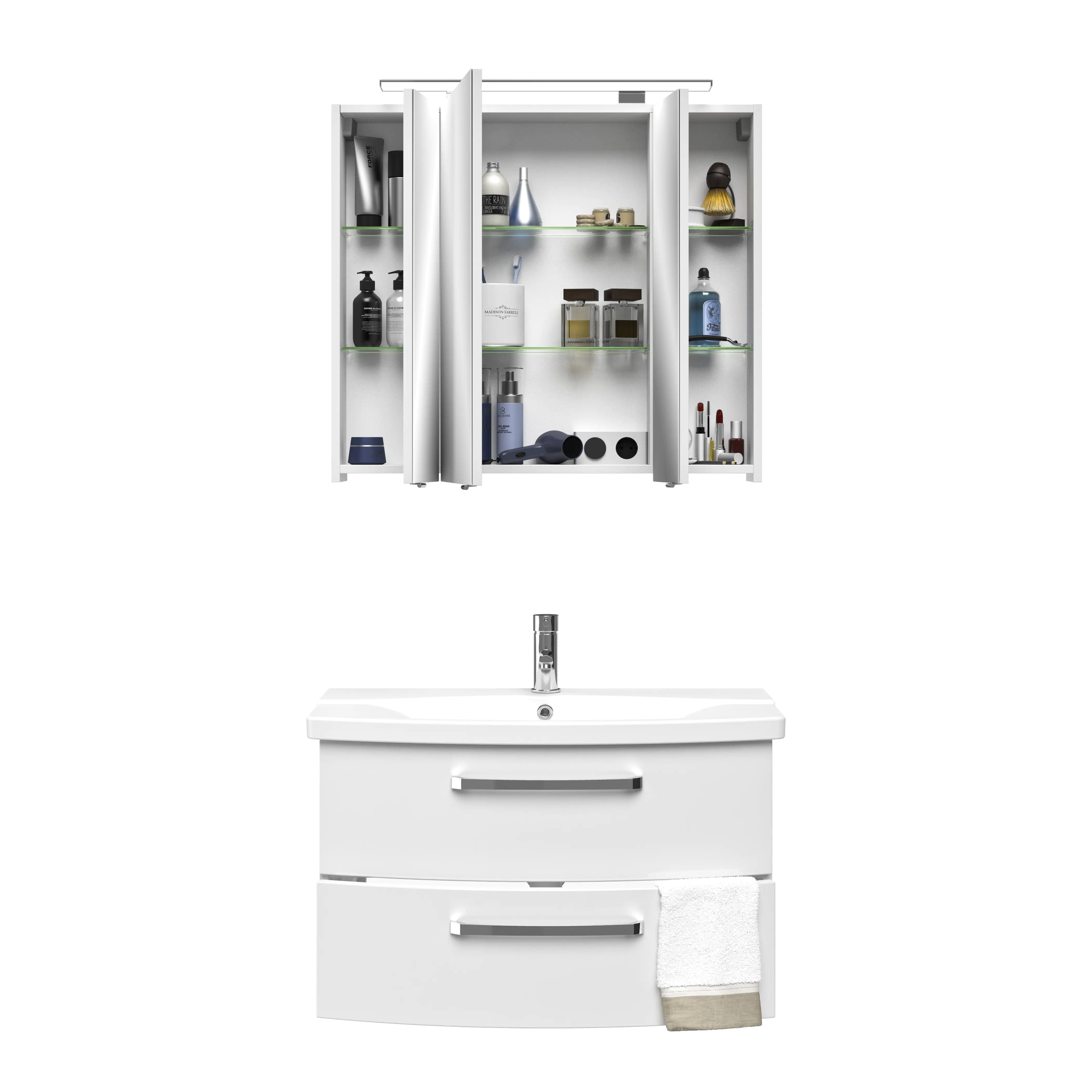 4017026107237_3 Pelipal Badmöbel-Set 4010 Weiß Hgl/Weiß Glanz mit Keramik-Waschtisch + LED-Leuchte 84 cm