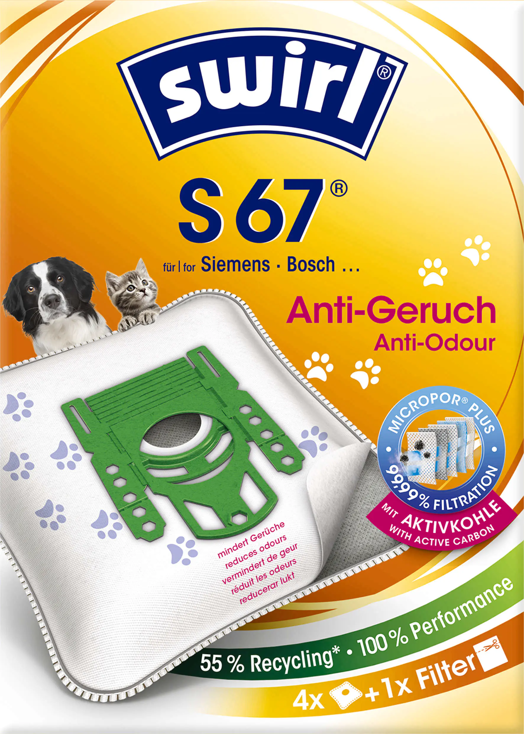 Swirl S 67 EcoPor Anti-Geruch Staubsaugerbeutel 4 Staubbeutel + 1 Filter