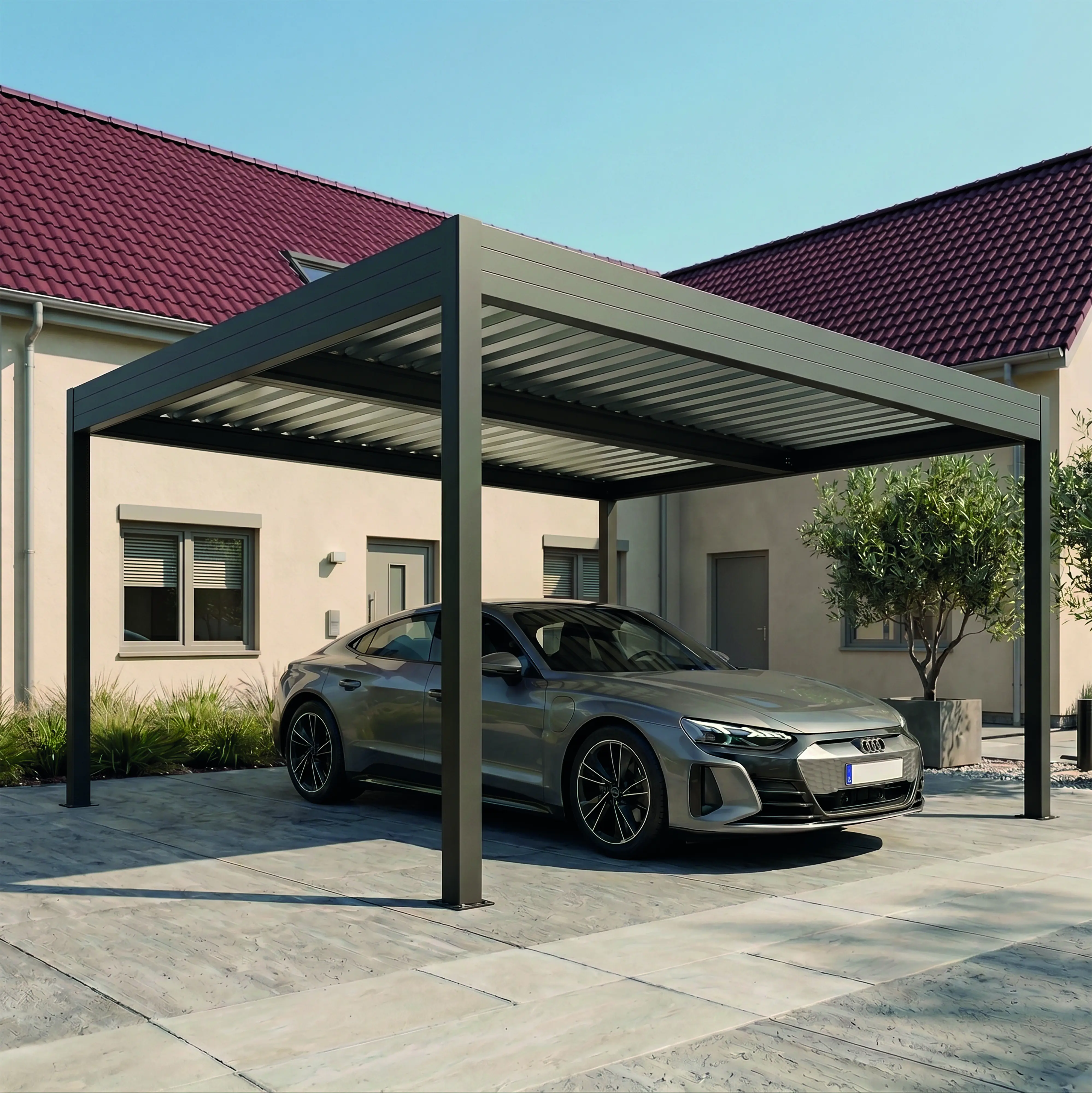 SunElements SunVaro Carport Classic L 362 x 447 cm mit Trapezblechdach anthrazit-metallic