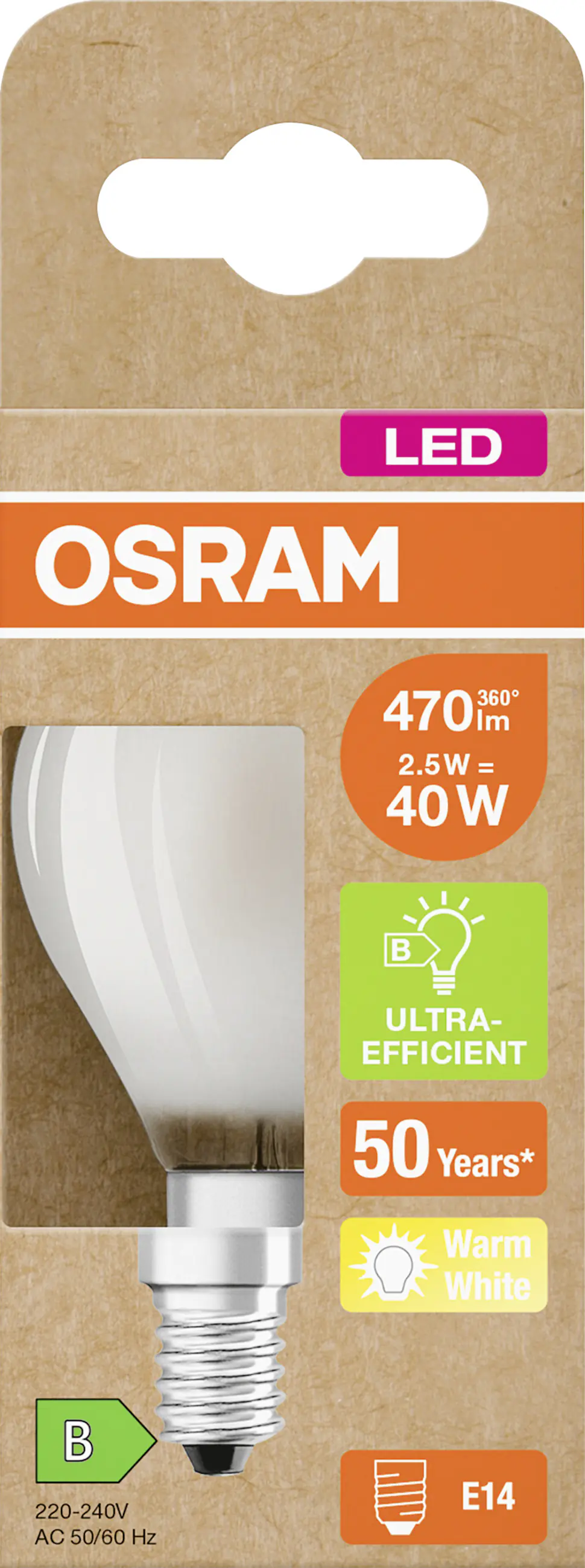 Osram LED Tropfenlampe Classic E14 2,5 W warmweiß matt