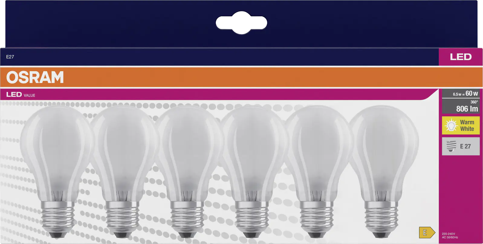 Osram Osram LED Leuchtmittel Klassik A60 E27 6,5 W warmweiß weiß matt 6er Pack