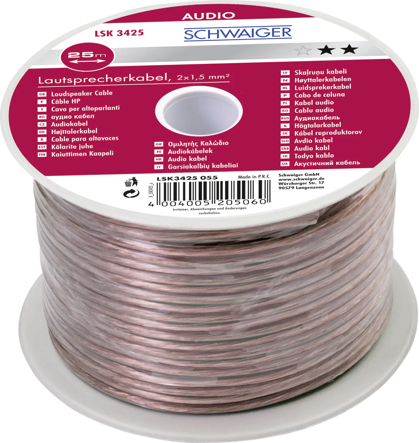 4004005205060_1058632 Schwaiger Lautsprecherkabel LSK3425 055 transparent, 25m, 2x 1,5mm², unkonfektioniert