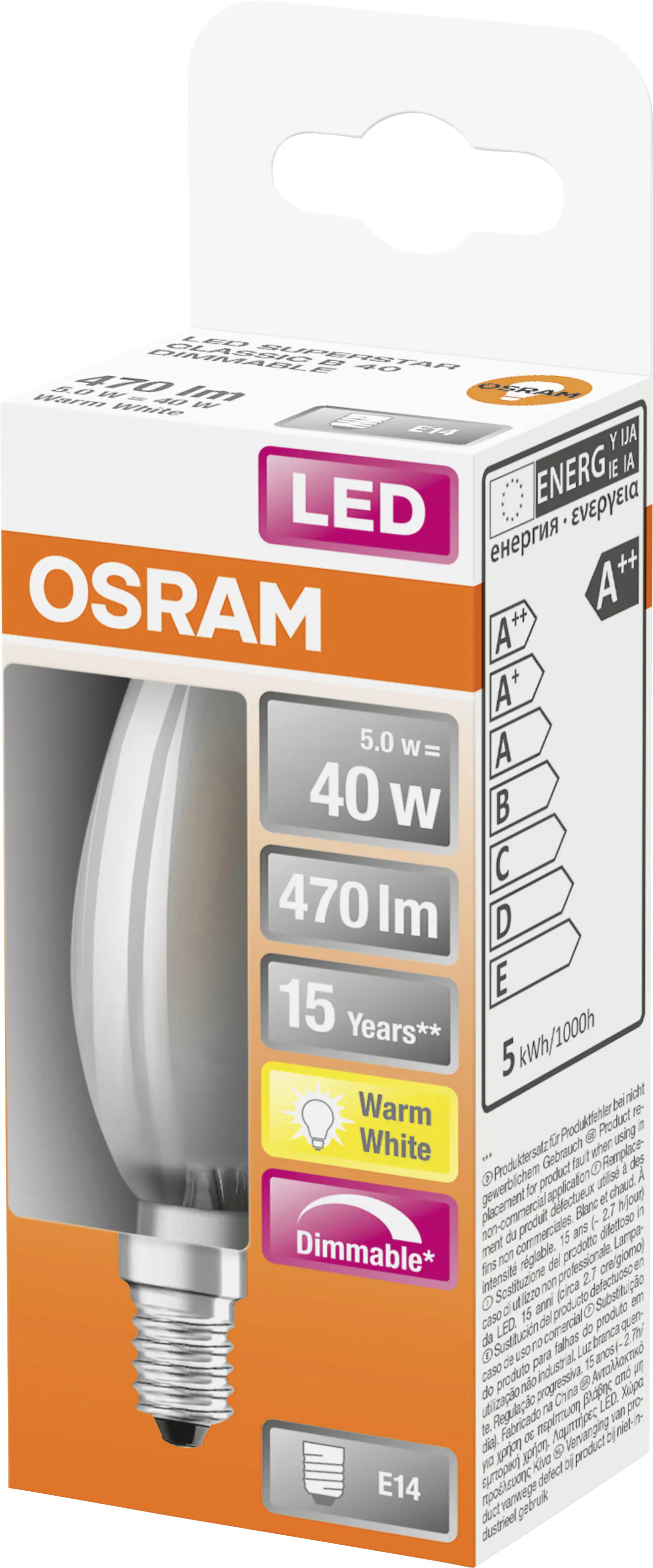 Osram LED Leuchtmittel Classic B40 E14 5W warmweiß, dimmbar, weiß matt