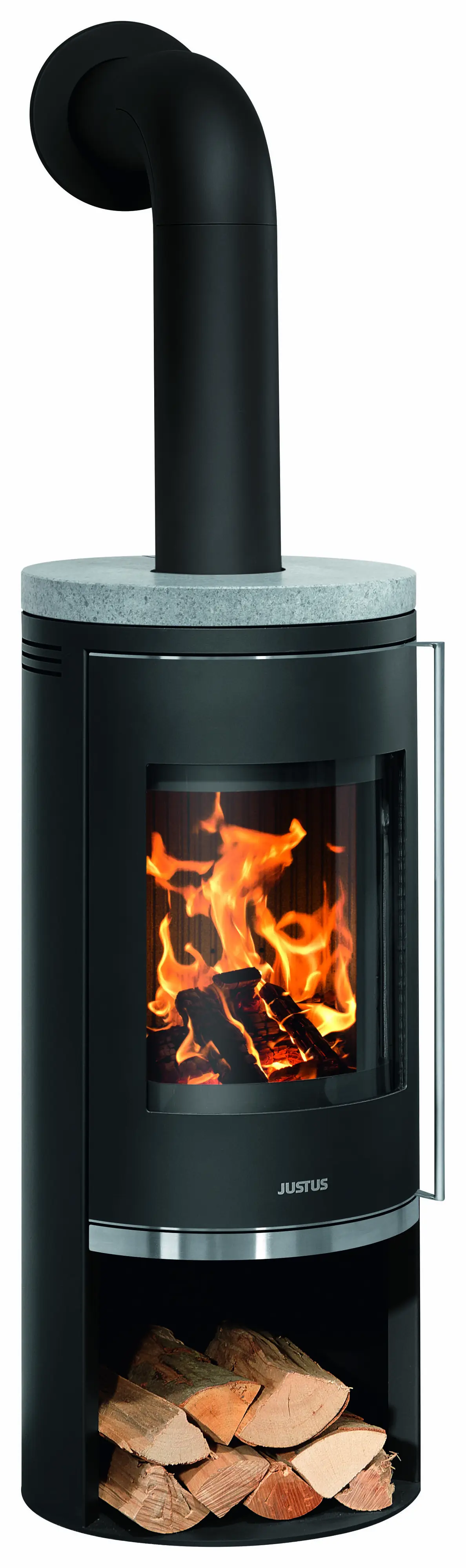 Justus Kaminofen Faro 2.0 Stahl schwarz mit Abdeckplatte Speckstein 6 kW