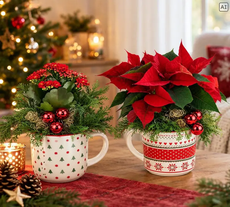 Weihnachtliches Arrangement Weihnachtstasse bepflanzt