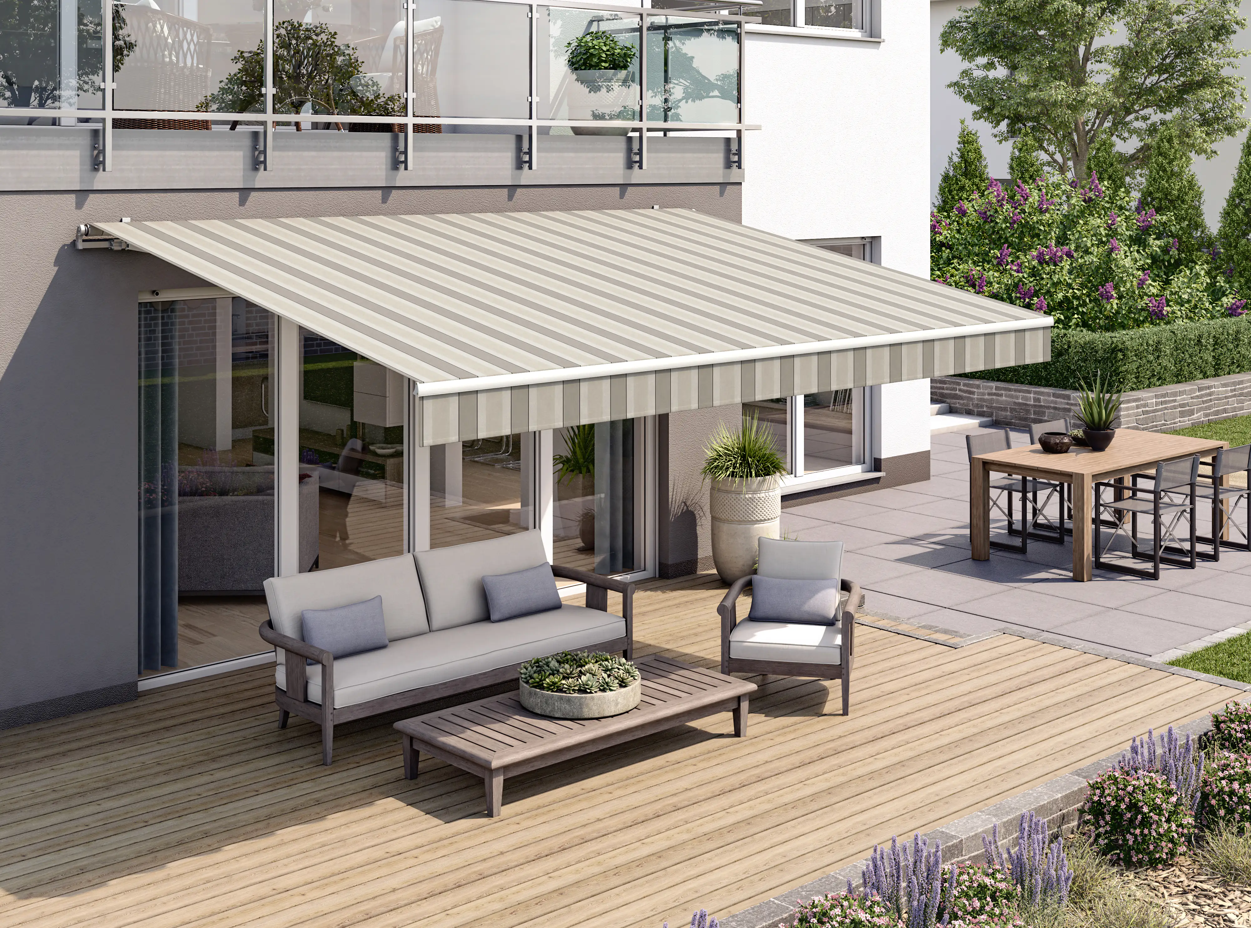 Gelenkarmmarkise Classic beige-grau gestreift inkl. Motor, Handsender, Solar Panel