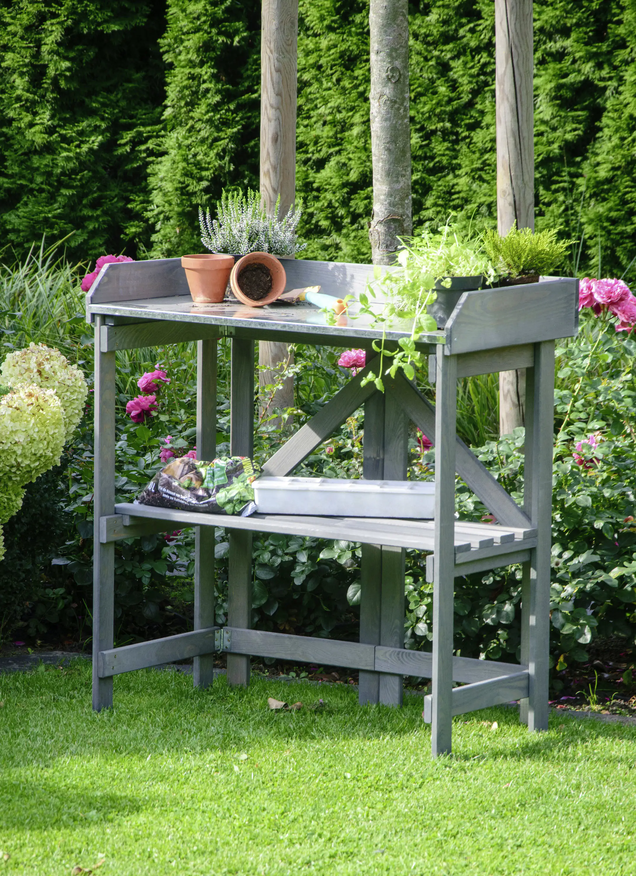 Dobar Pflanztisch mit Ablage zusammenklappbar Anthrazit 85 x 44 x 89 cm