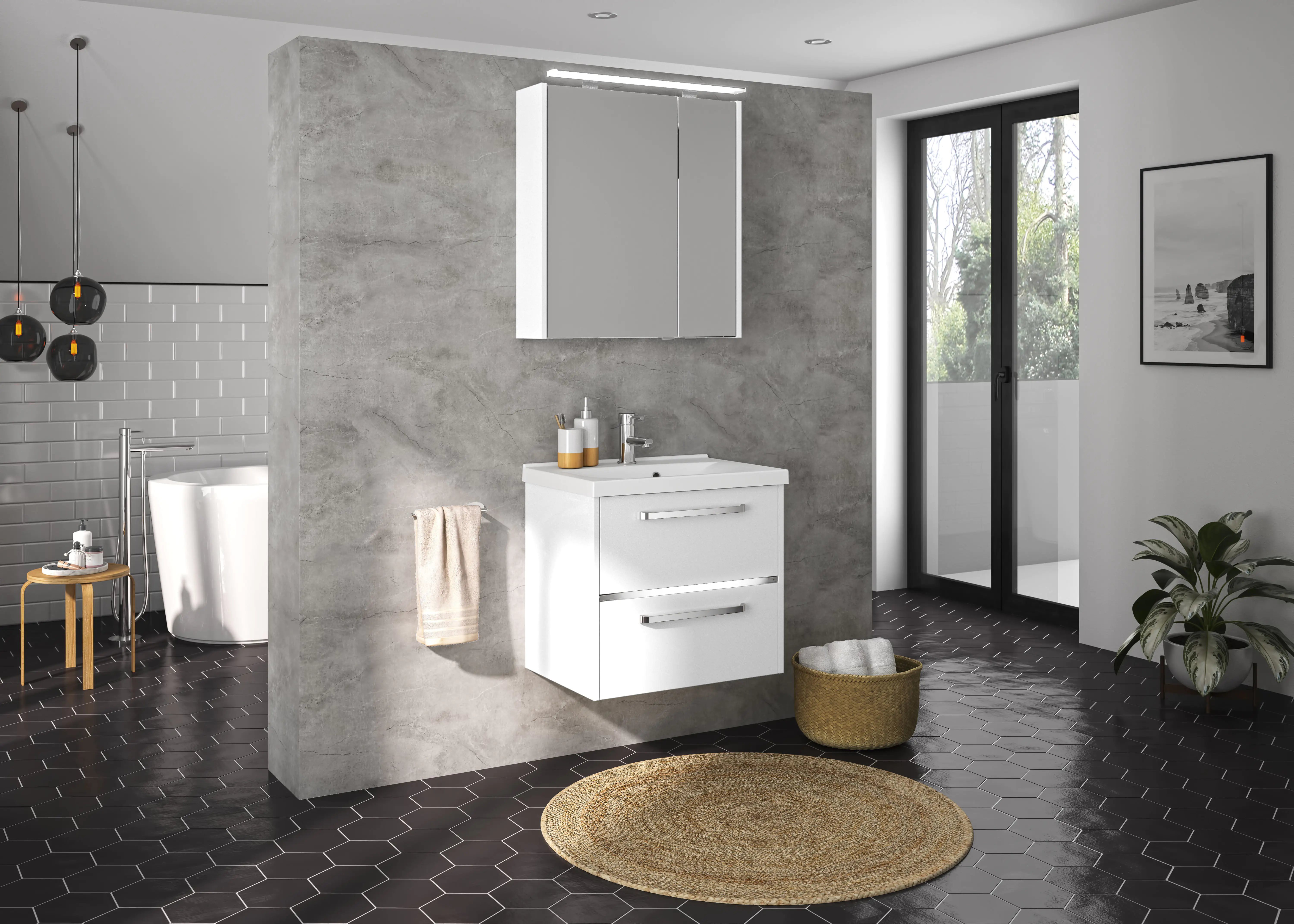 Primaster Badmöbel-Set Berlin weiß 65 cm LED-Leuchten, Mineralgusswaschtisch