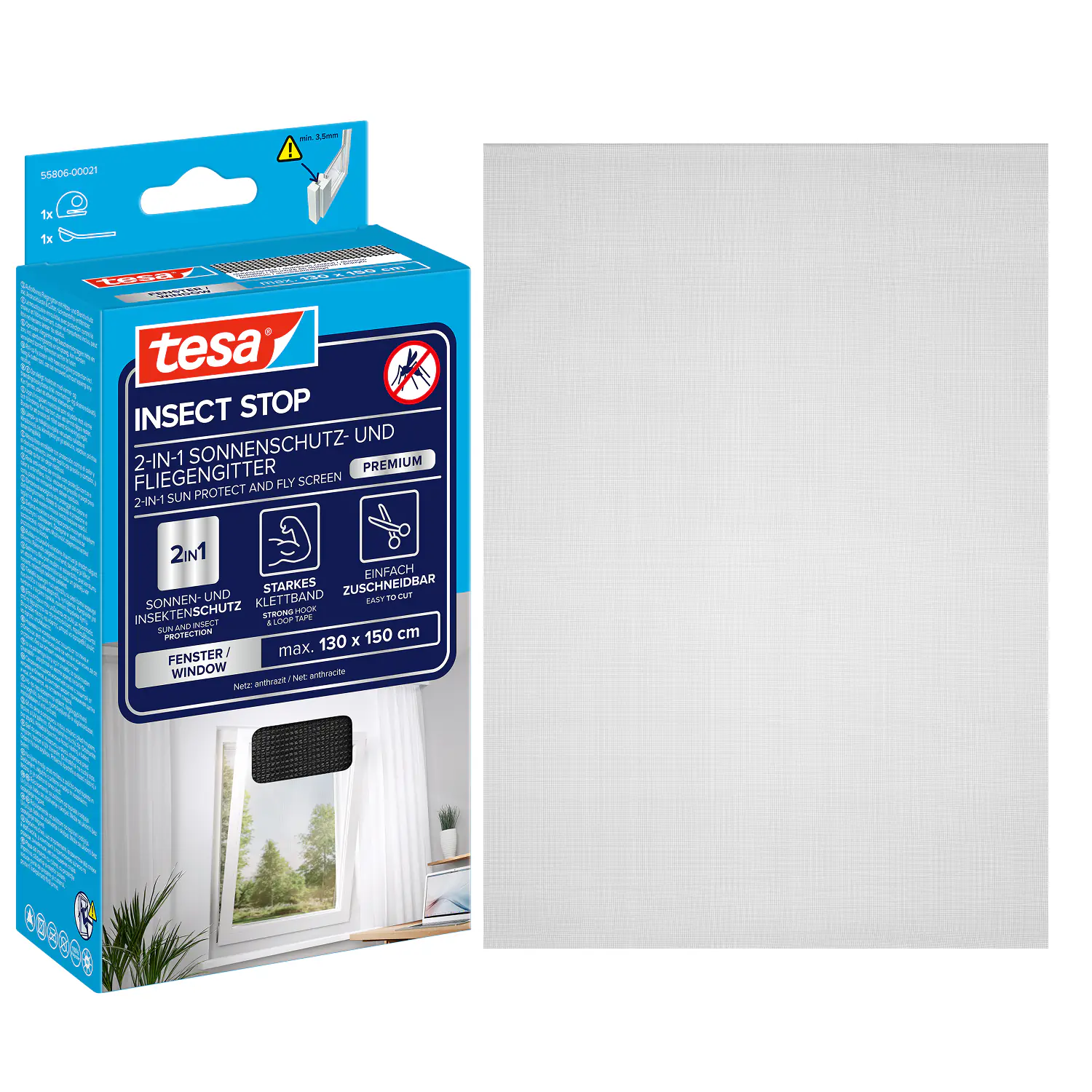 tesa Insektenschutz-Fenster SUN PROTECT 130 x 150 cm anthrazit