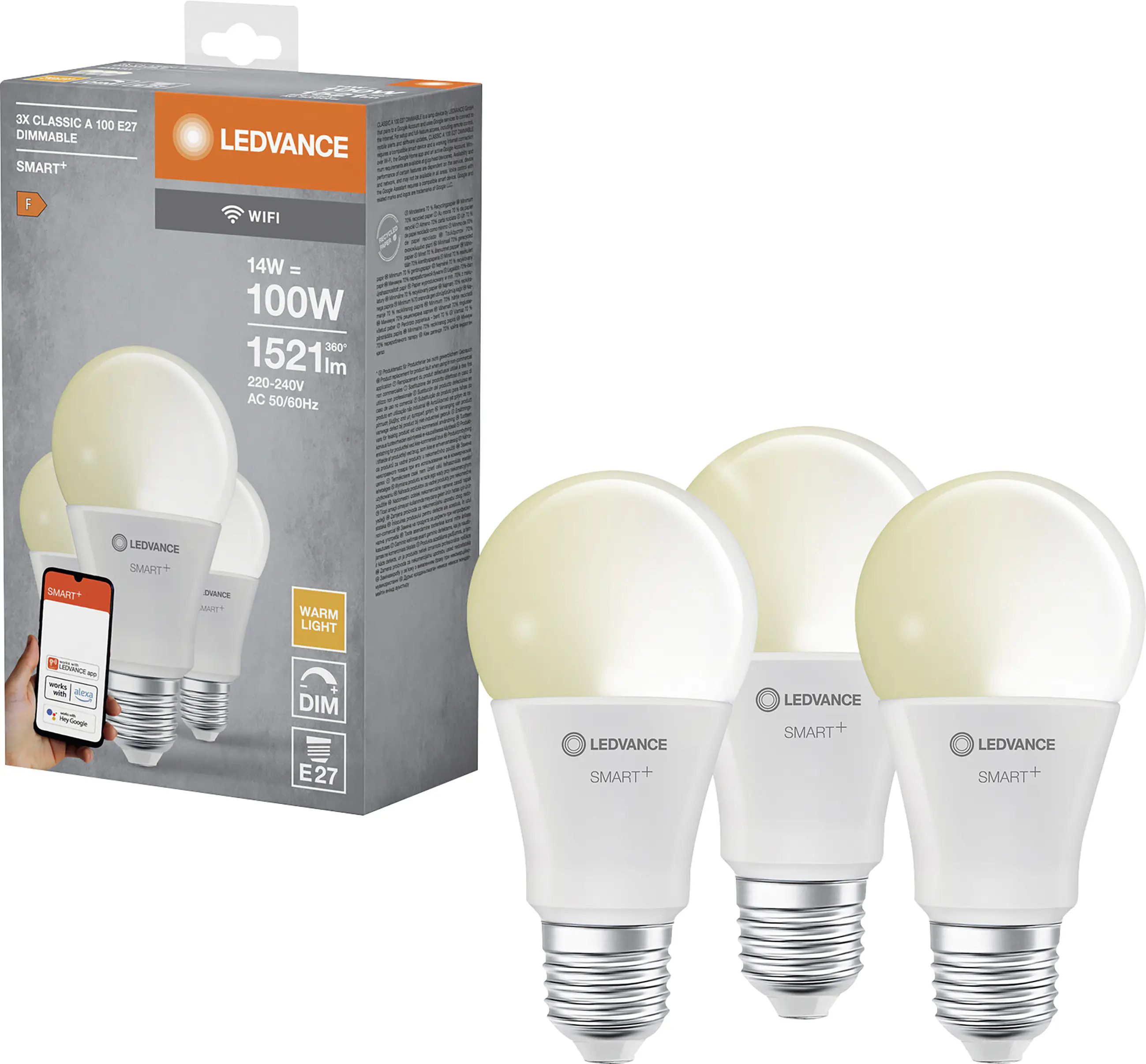 Ledvance LED Leuchtmittel 3er Set Smart+ WiFI A100 E27 14 W dimmbar warmweiß weiß matt 