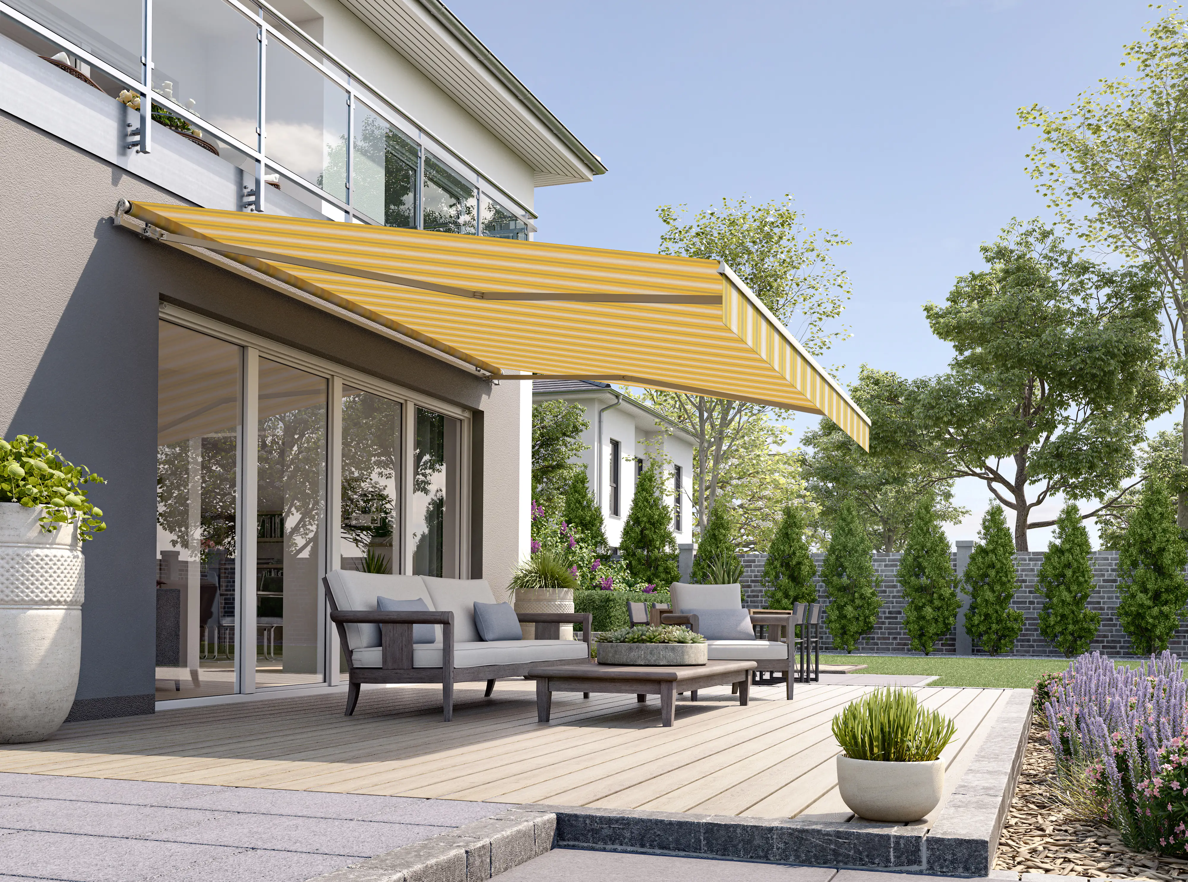 Gelenkarmmarkise Classic grau-gelb gestreift inkl. Motor, Handsender, Solar Panel Gelenkarmmarkise Classic grau-gelb gestreift inkl. Motor, Handsender, Solar Panel