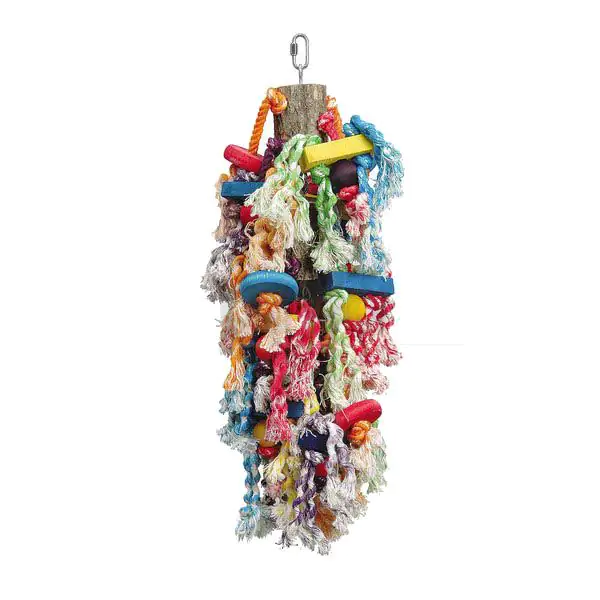 Ollesch Vogelspielzeug 50 cm Holz mit Seilen und Anhängern natur