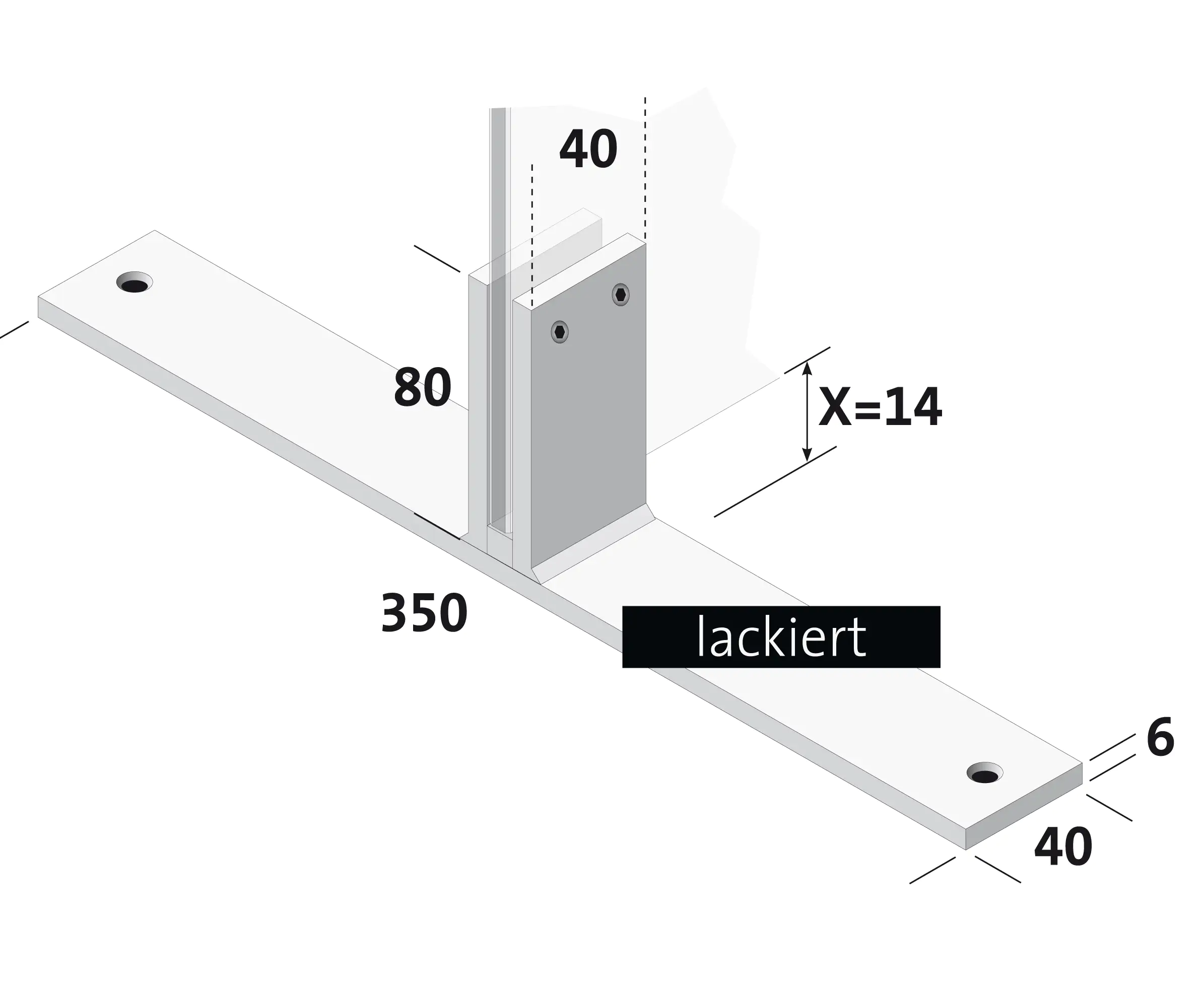 Standfuß längs quer für 6 mm ESG-Glas Länge 35 cm Aluminium weiß lackiert