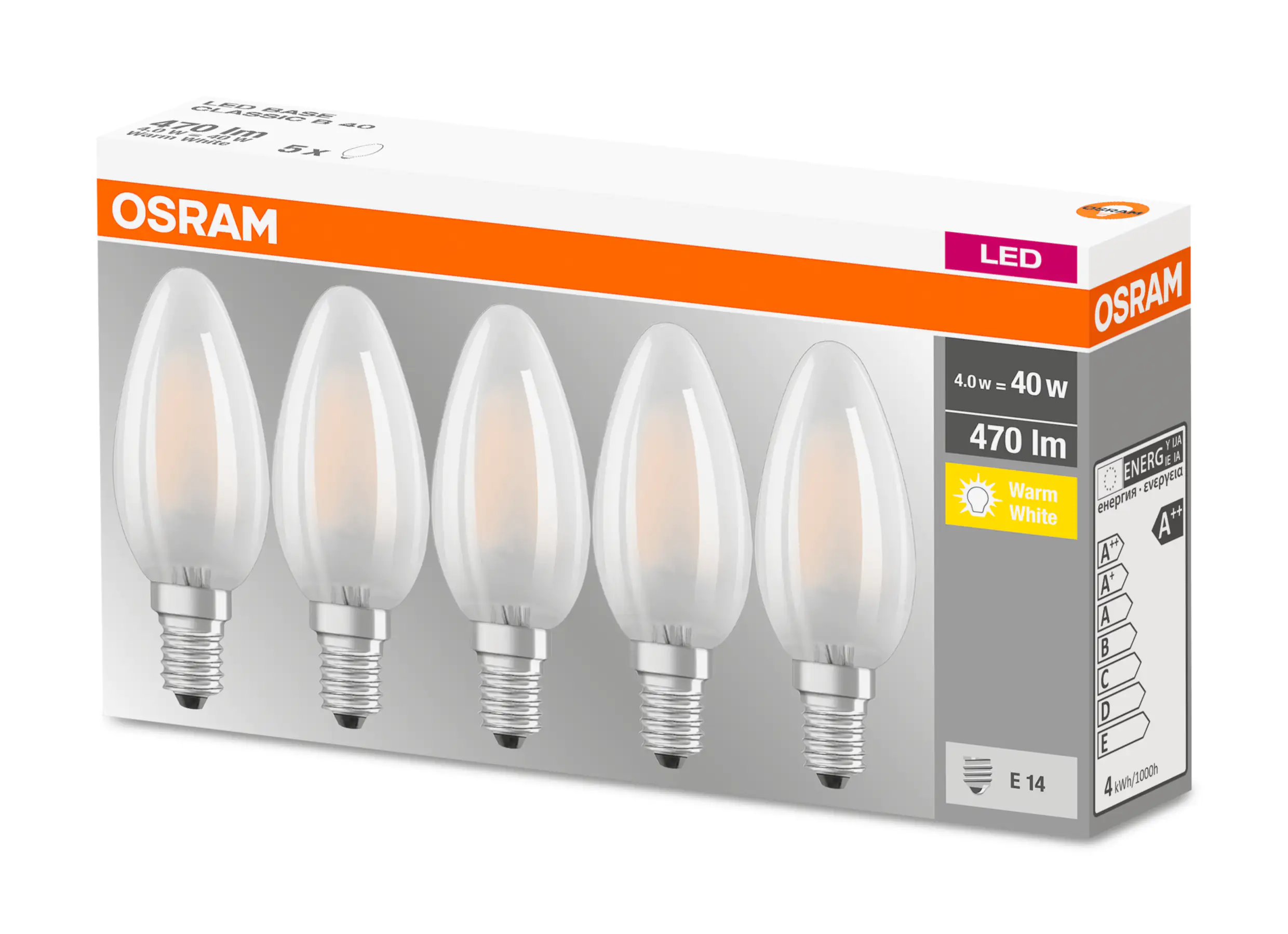 Osram LED Kerzenlampe Base Classic B40 E14 4W 5er Pack warmweiß, weiß matt