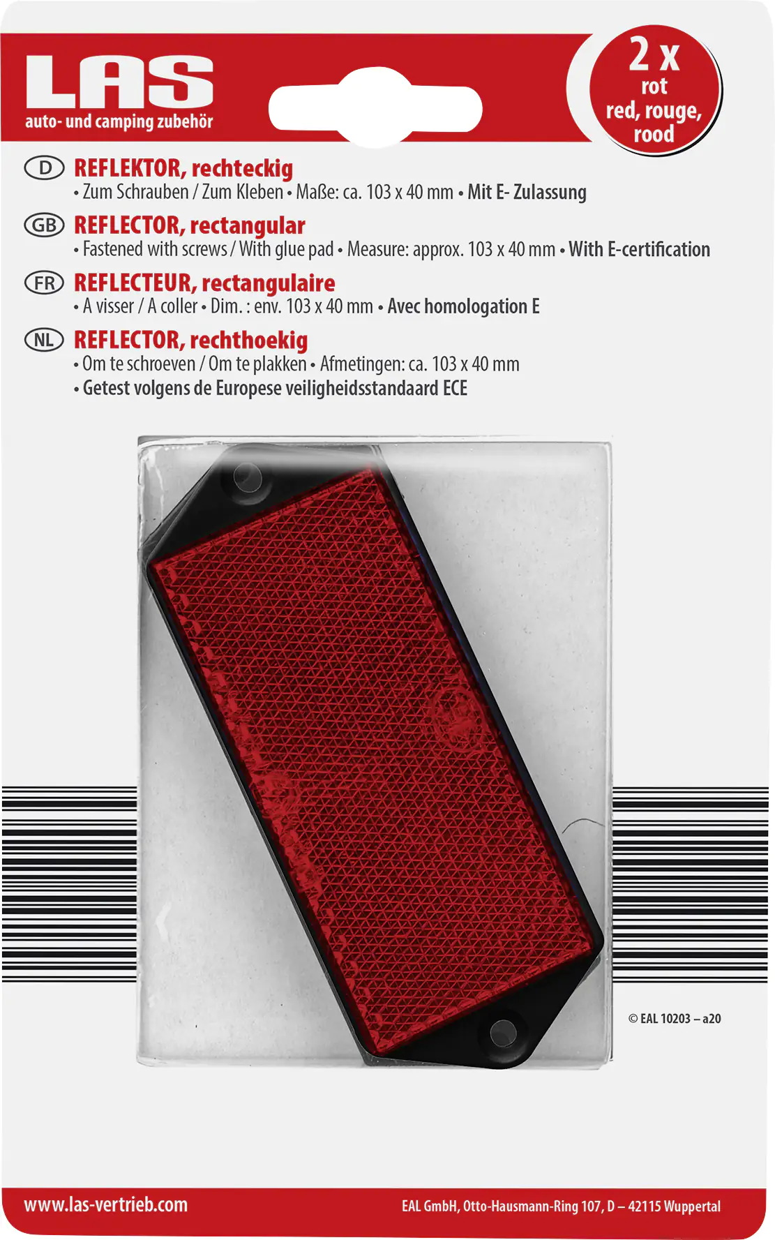 LAS Reflektor rechteckig rot 2 Stück