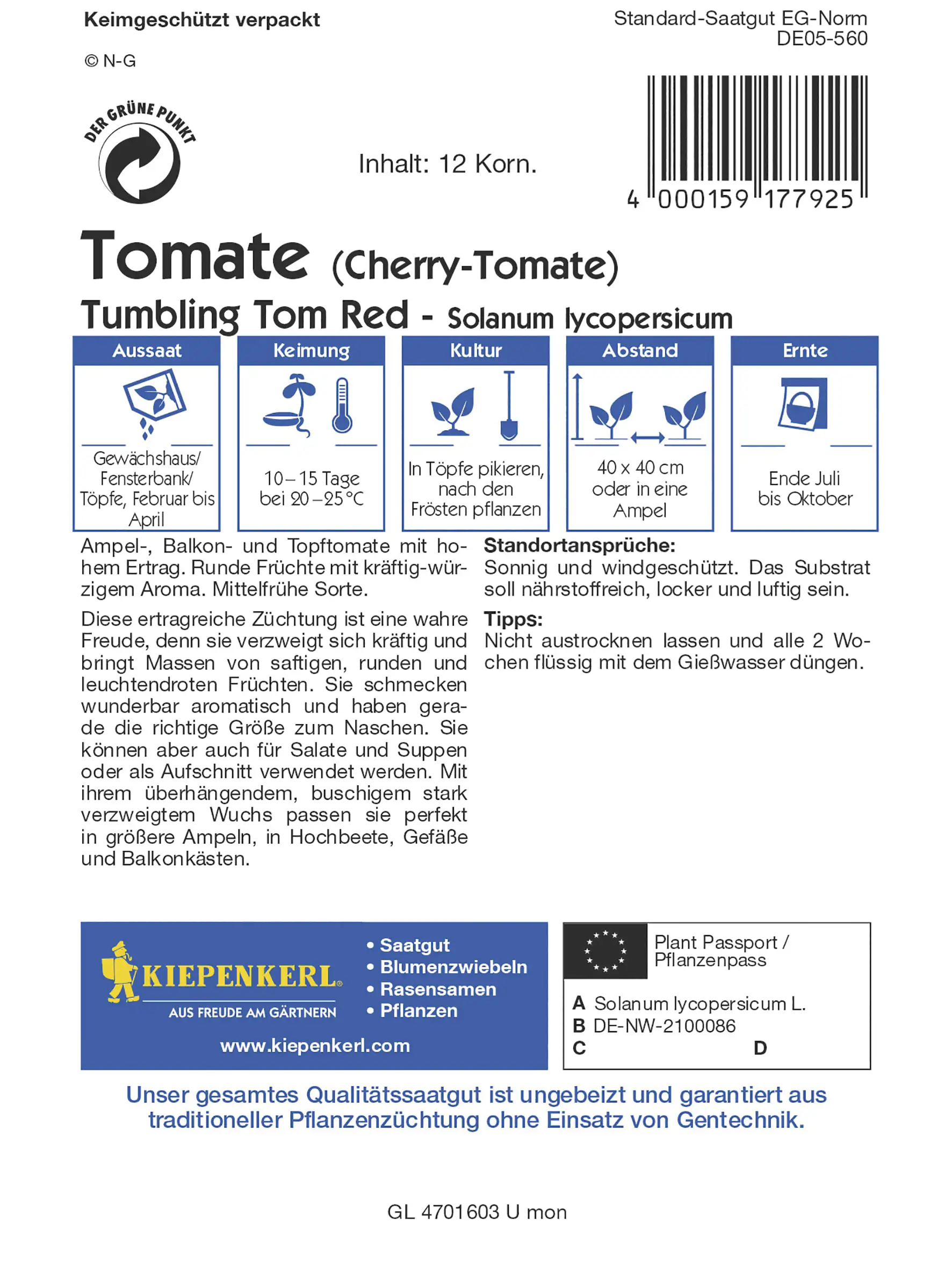 Kiepenkerl Cherry-Tomate Tumbling Tom Red Inhalt reicht für 12 Korn