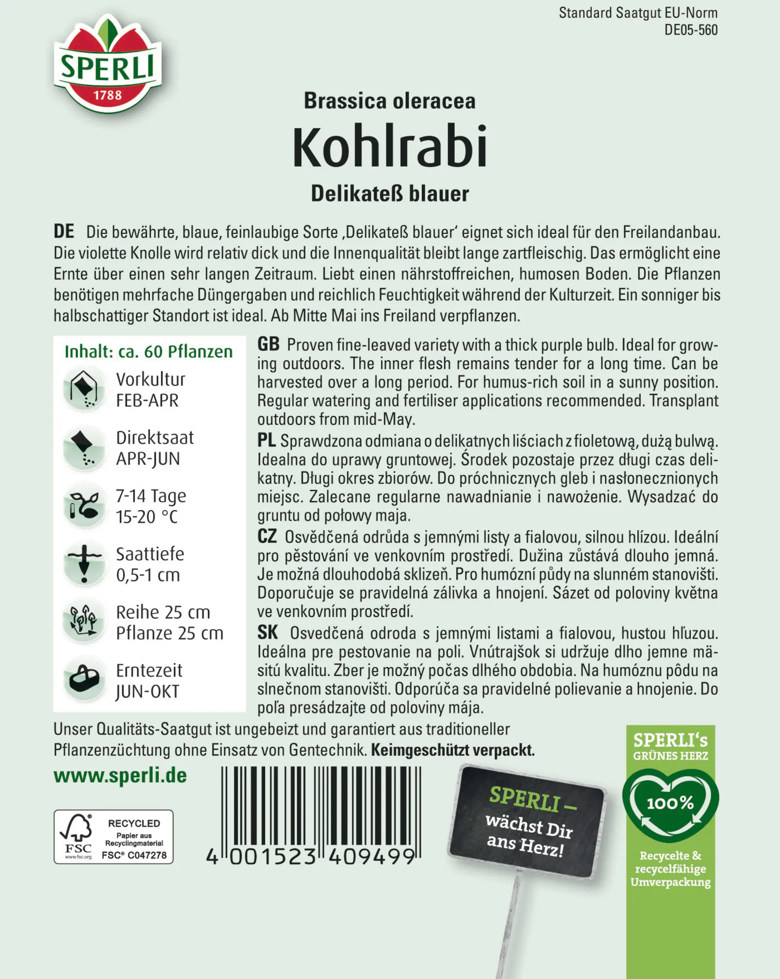 Sperli Saatgut Kohlrabi Delikateß Blauer für ca. 60 Pflanzen