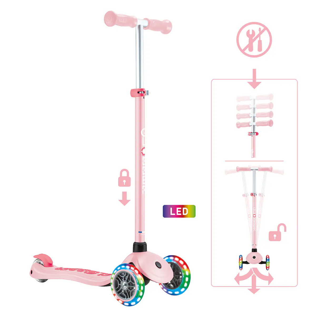 Globber Scooter für Kinder mit Leuchtrollen Primo Plus Lights pastellrosa