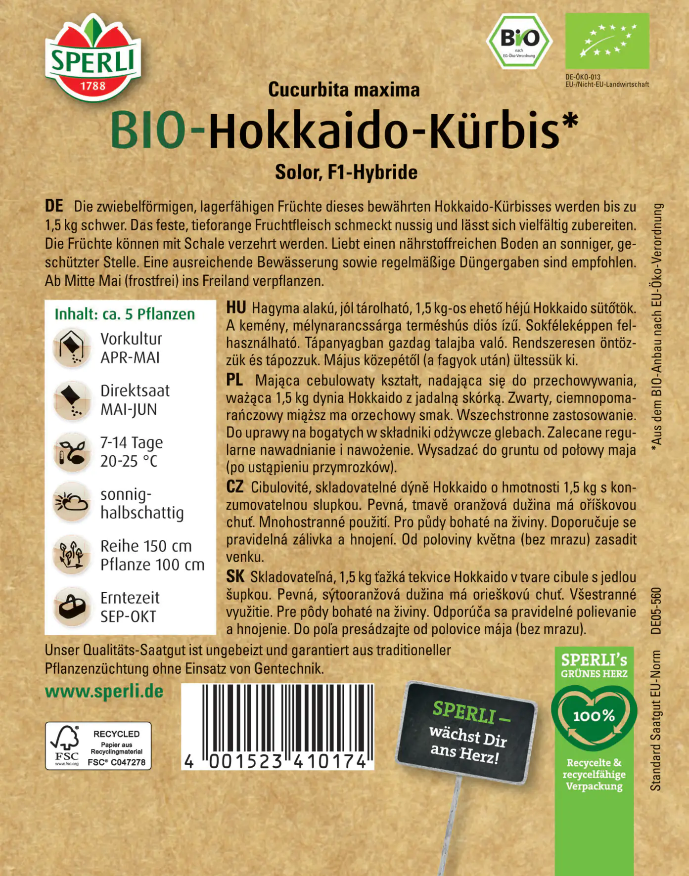 Sperli BIO Hokkaido-Kürbis F1
