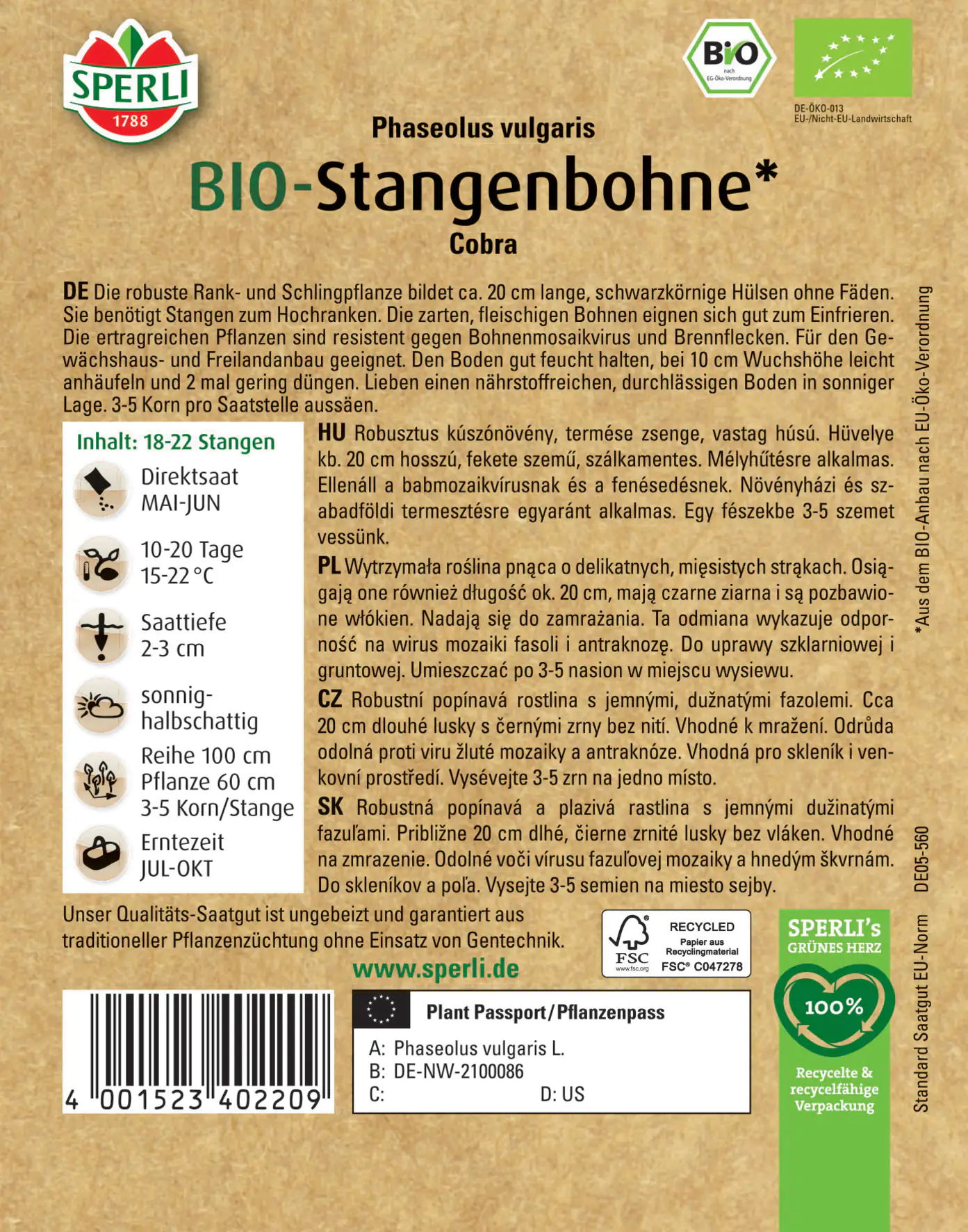 Sperli BIO Stangenbohne