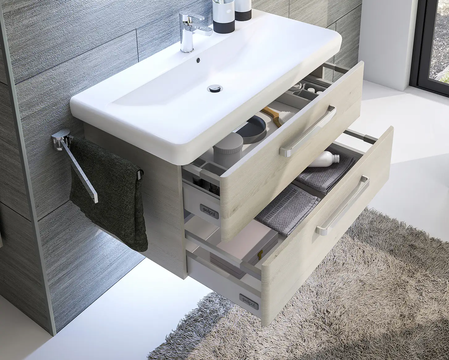 Pelipal Badmöbel-Set Pinie Ida mit Keramik-Waschtisch + Waschplatzbeleuchtung 100 cm