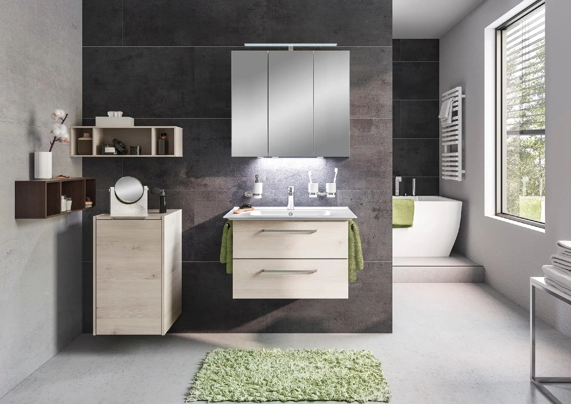 Pelipal Badmöbel-Set Pineo Pinie Ida mit Keramik-Waschtisch LED-Leuchte + Unterschrank 123 cm