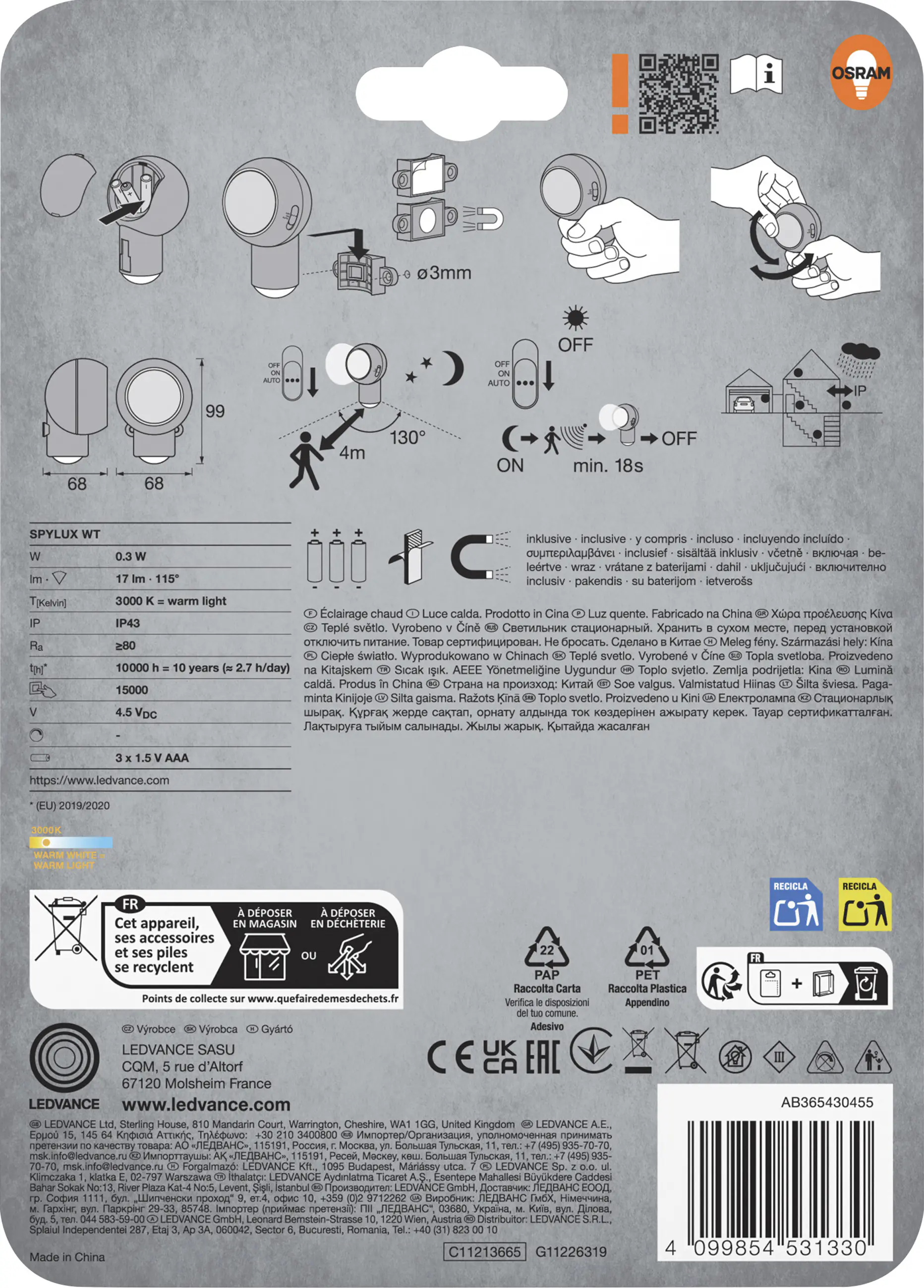 Osram LED-Nachtlicht Spylux mit Bewegungsmelder 9,9 cm warmweiß weiß