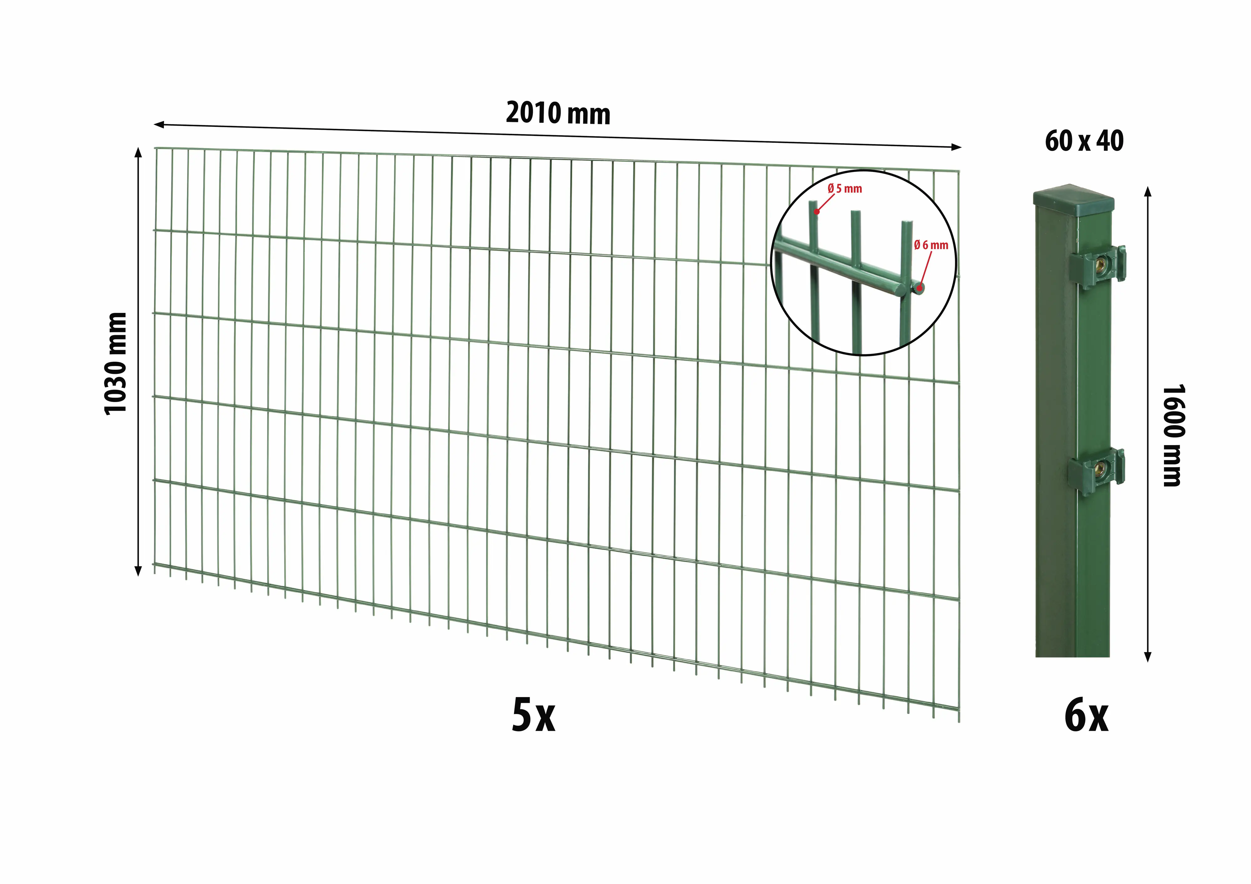 Floraworld Doppelstabmatten-Zaun Set Comfort 10 m 201 x 103 cm inkl. 6 Pfosten 160 cm moosgrün